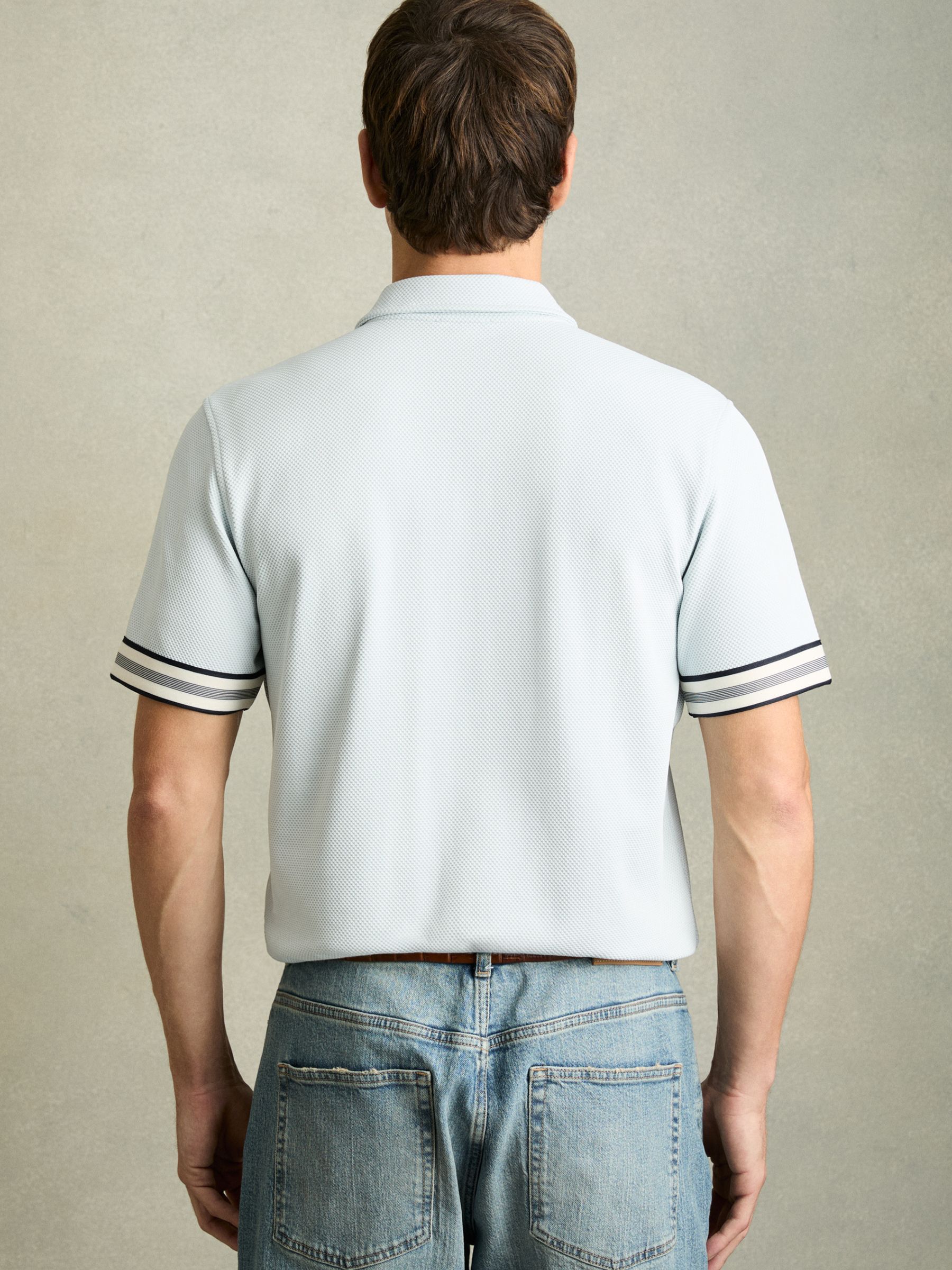 Textured Contrast Trim Half-Zip Polo Shirt in Ice Blue - Image 5 of 6