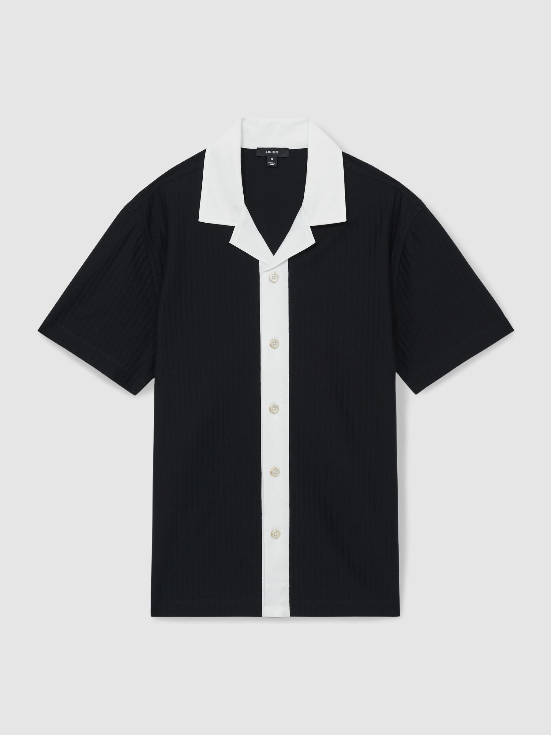 Cotton Textured Colour-Block Shirt in Navy/White - Image 2 of 5