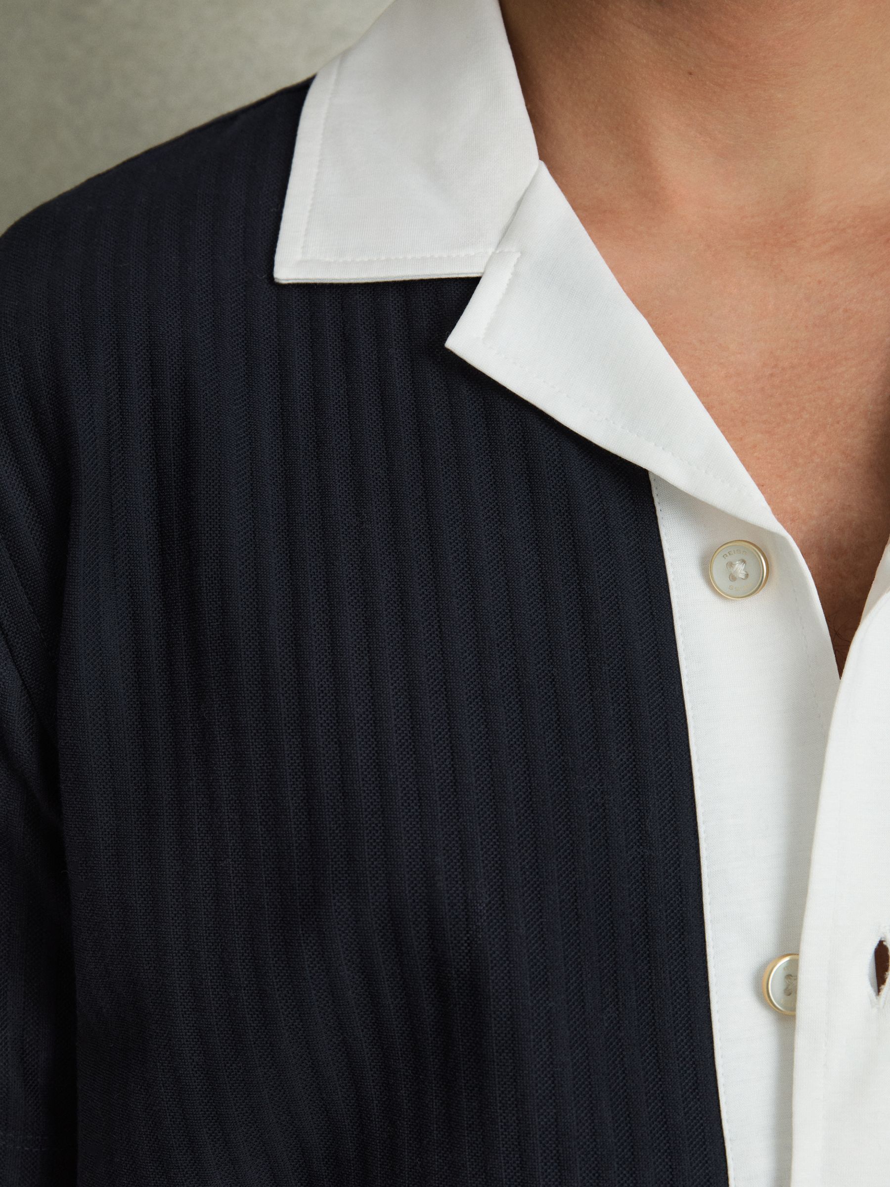 Cotton Textured Colour-Block Shirt in Navy/White - Image 3 of 5