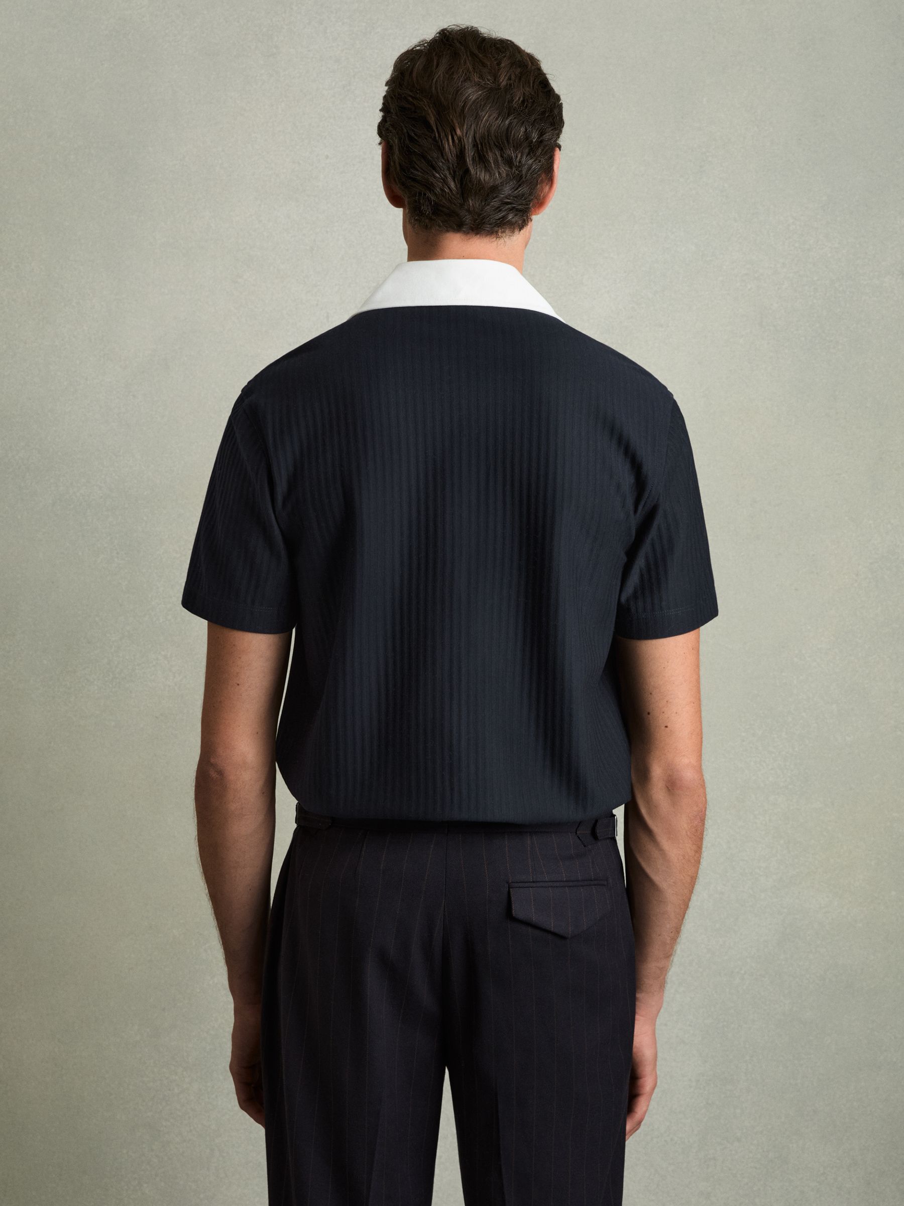 Cotton Textured Colour-Block Shirt in Navy/White - Image 4 of 5