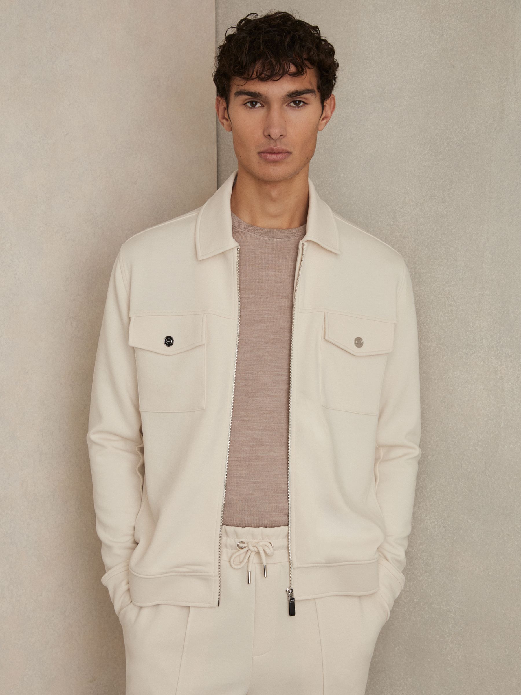 Interlock Jersey Zip-Through Overshirt in Off White - Image 1 of 6