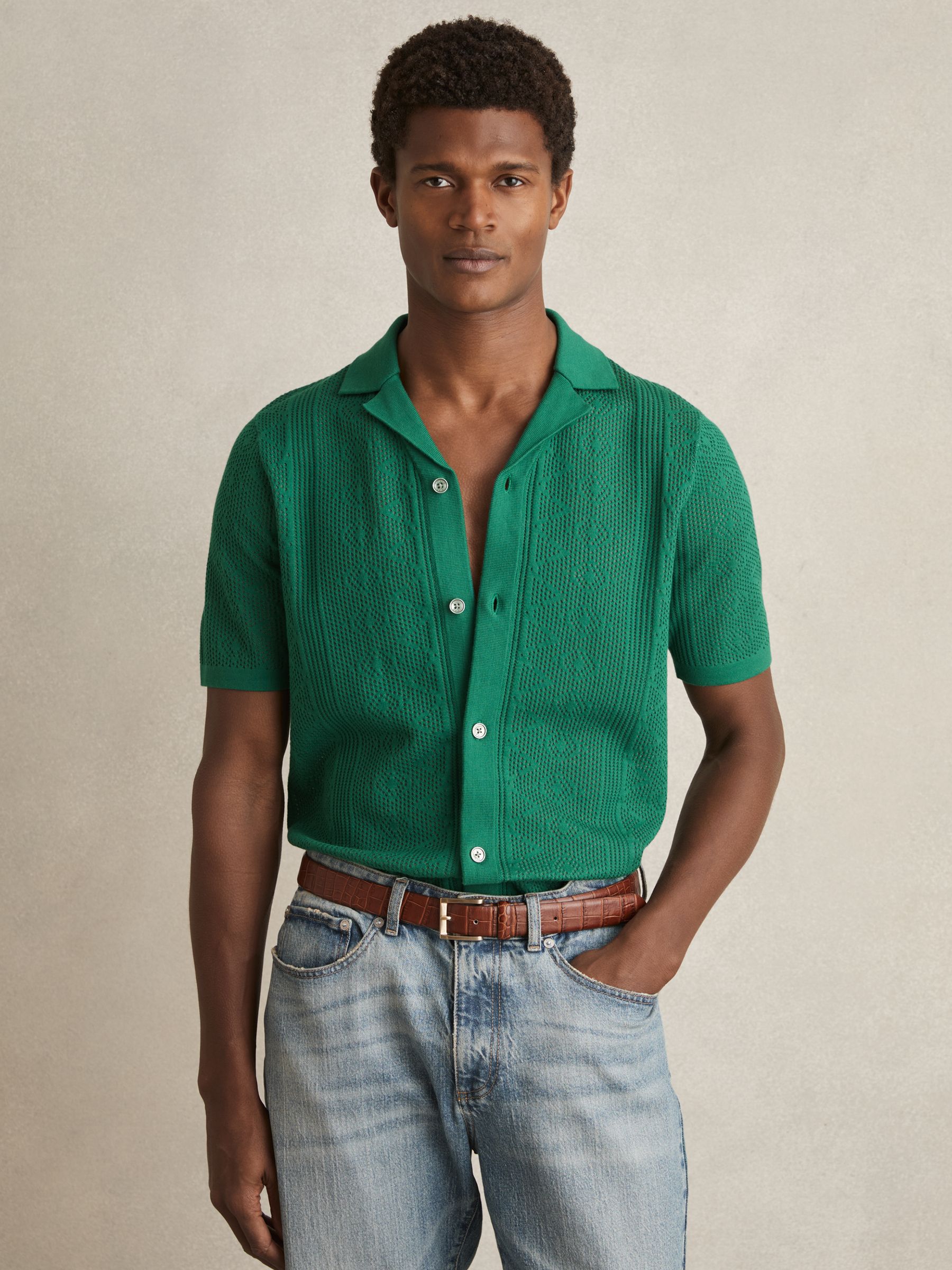 Textured Knit Short Sleeve Shirt in Bright Green - Image 1 of 6