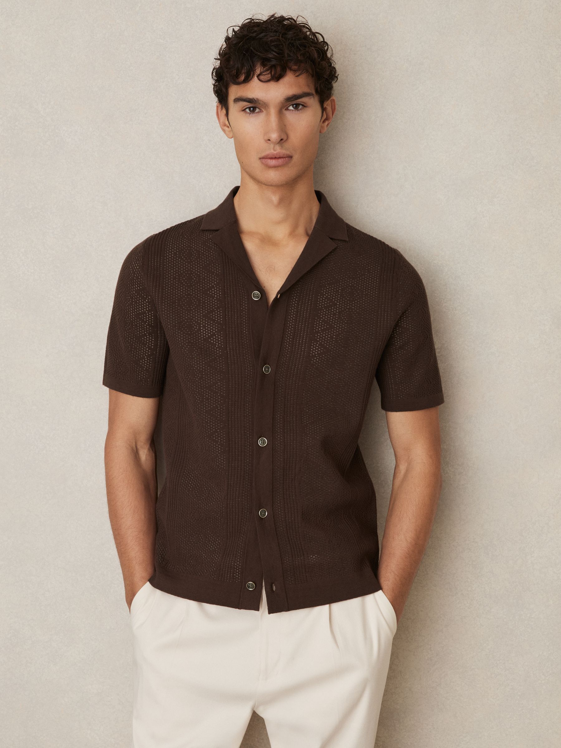 Textured Knit Short Sleeve Shirt in Chocolate Brown - Image 1 of 6