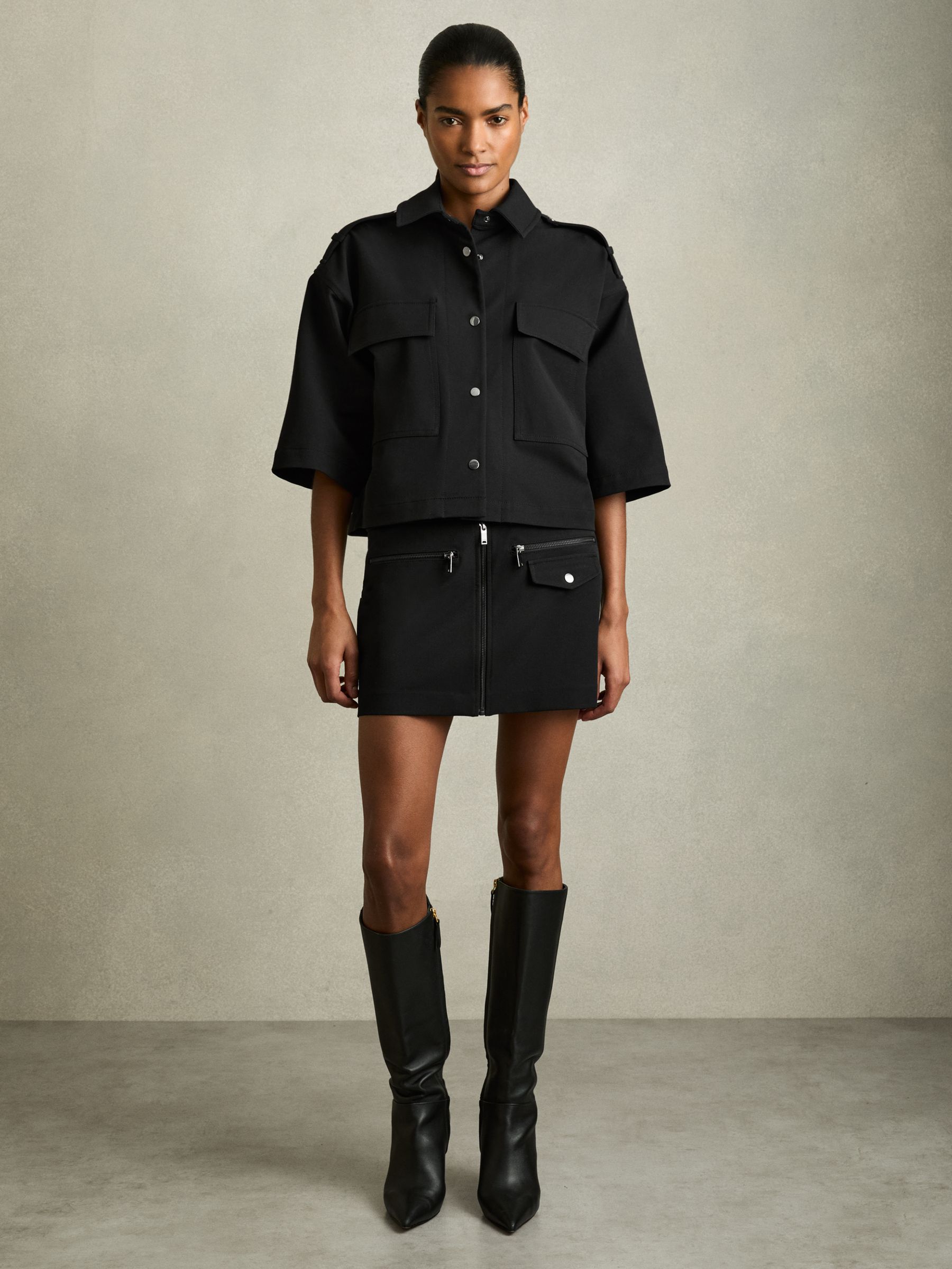 Cropped Twill Shirt Jacket in Black - Image 3 of 7