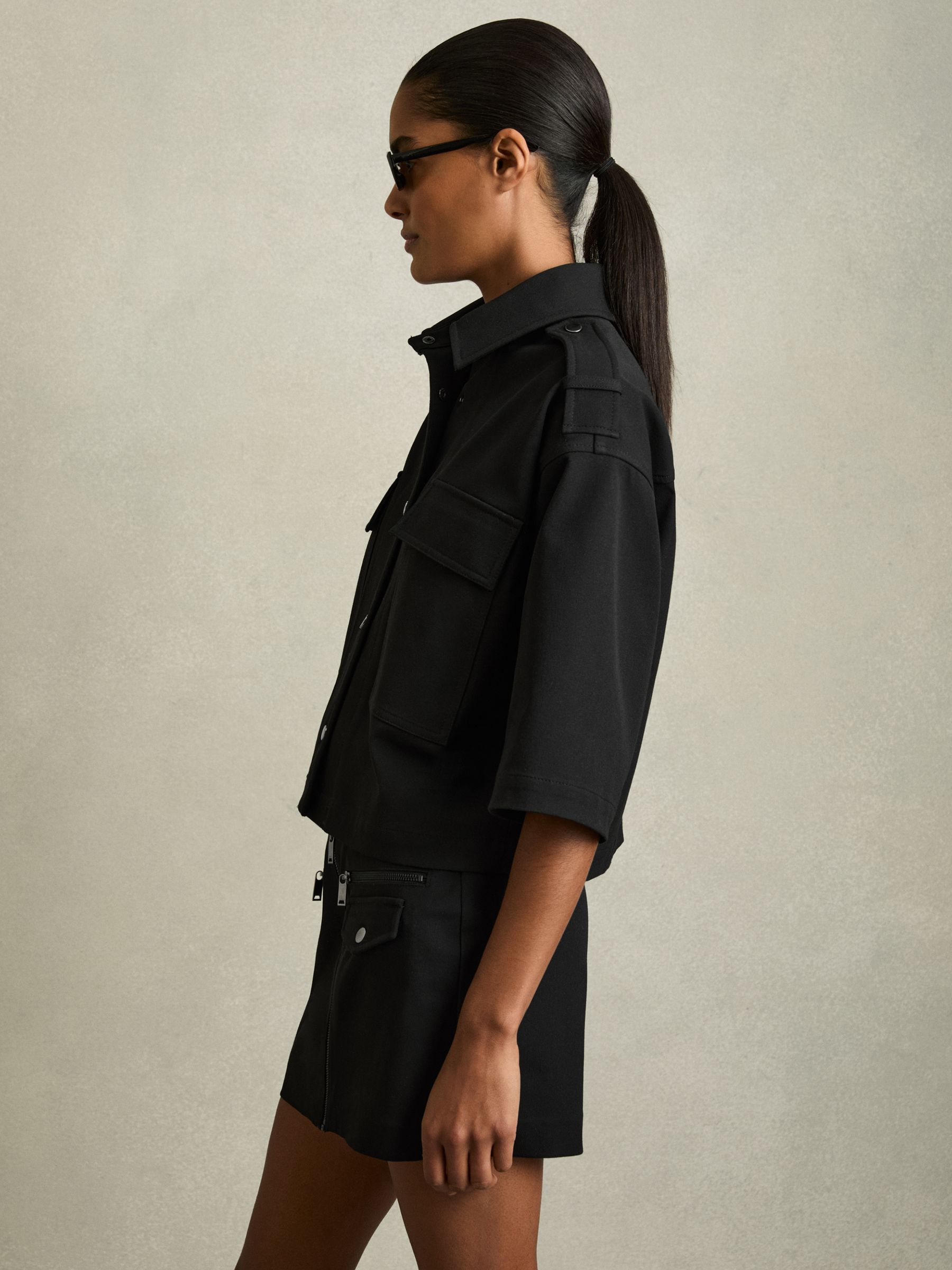 Cropped Twill Shirt Jacket in Black - Image 6 of 7