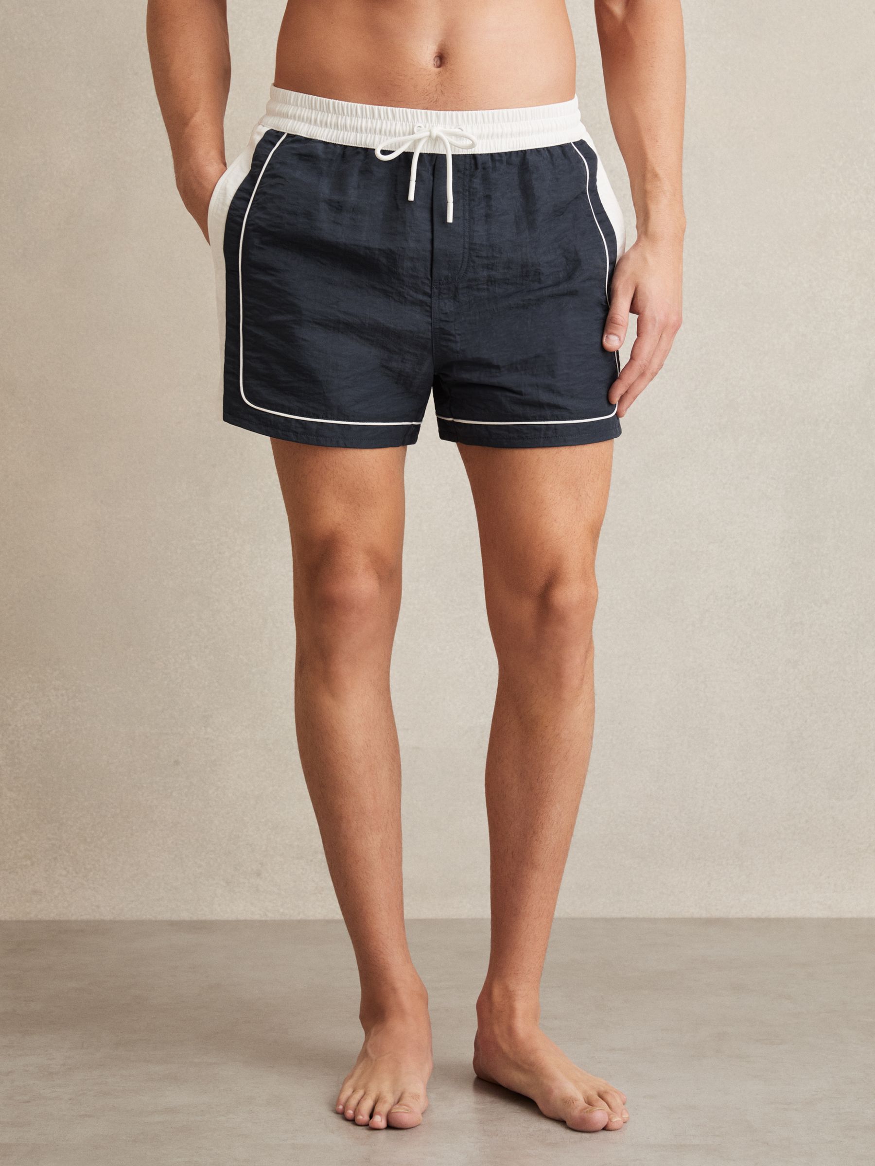 Colour-Block Piped-Trim Swim Shorts in Navy/White - Image 3 of 6