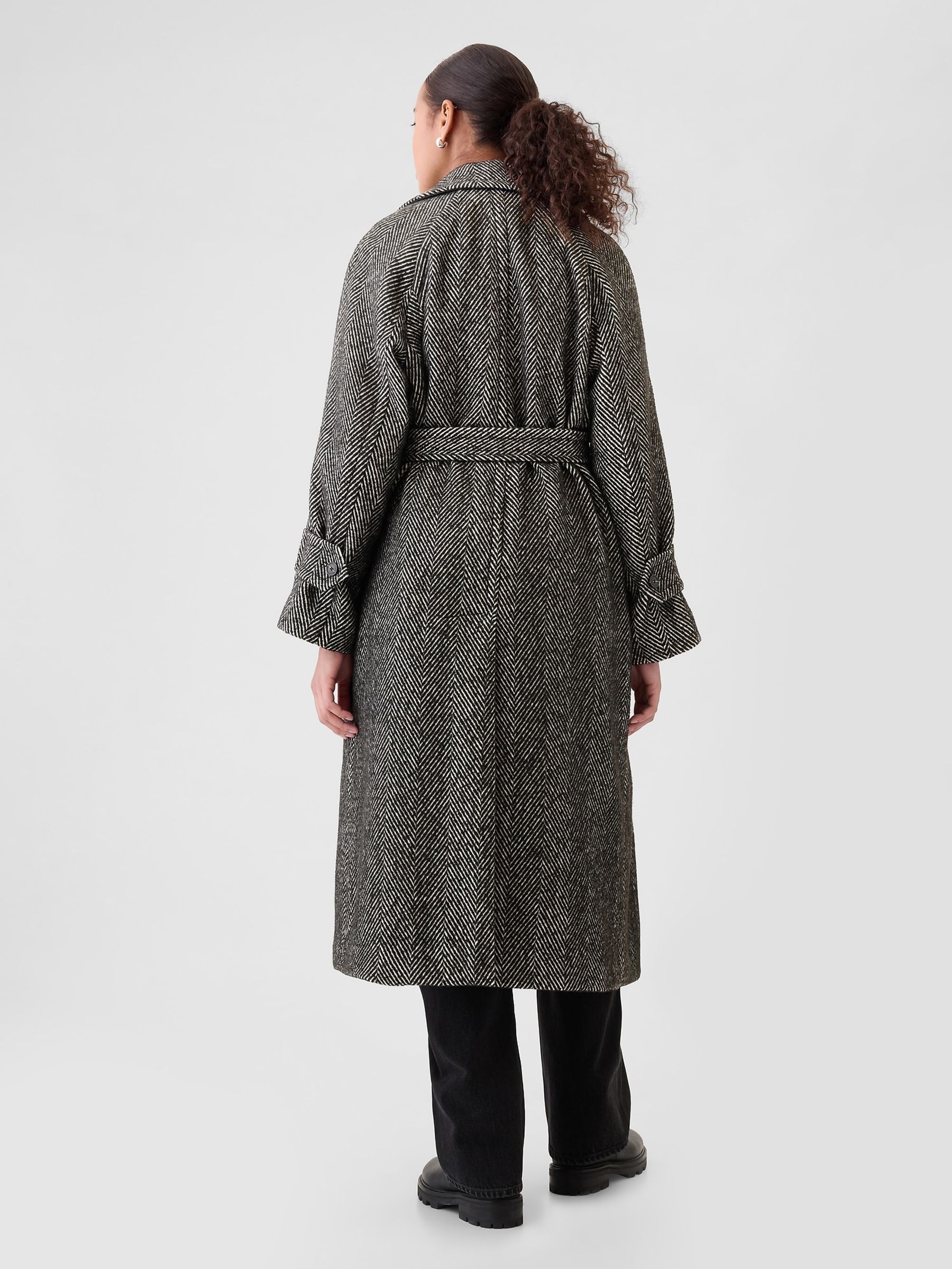 Black Double-Breasted Herringbone Belted Trench Coat - Image 2 of 5