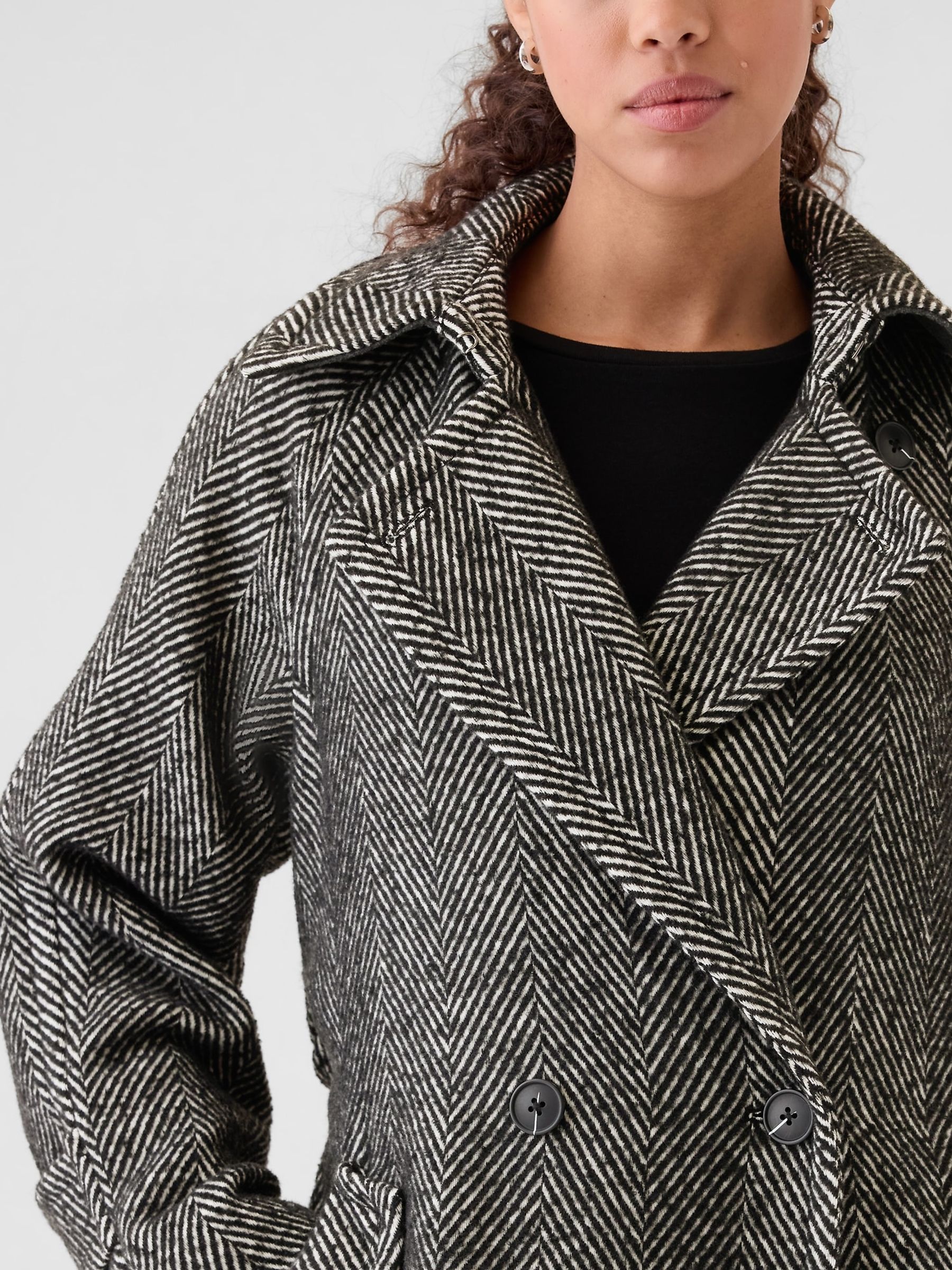 Black Double-Breasted Herringbone Belted Trench Coat - Image 4 of 5