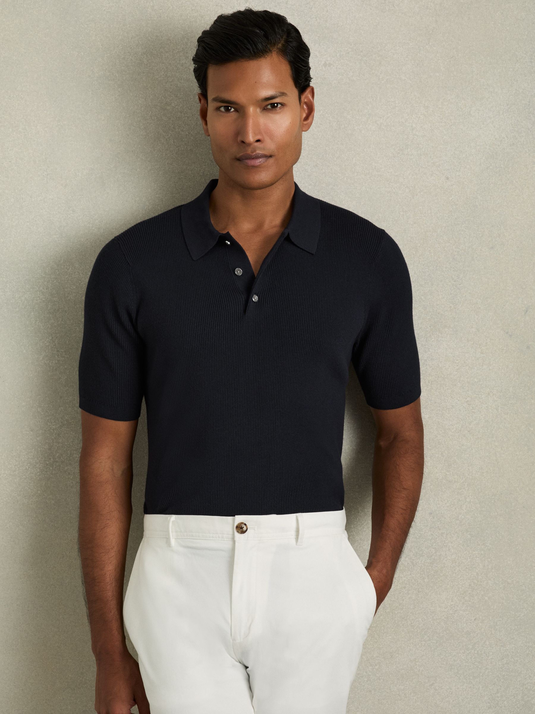 Fine-Rib Short-Sleeve Polo Shirt in Navy - Image 3 of 6