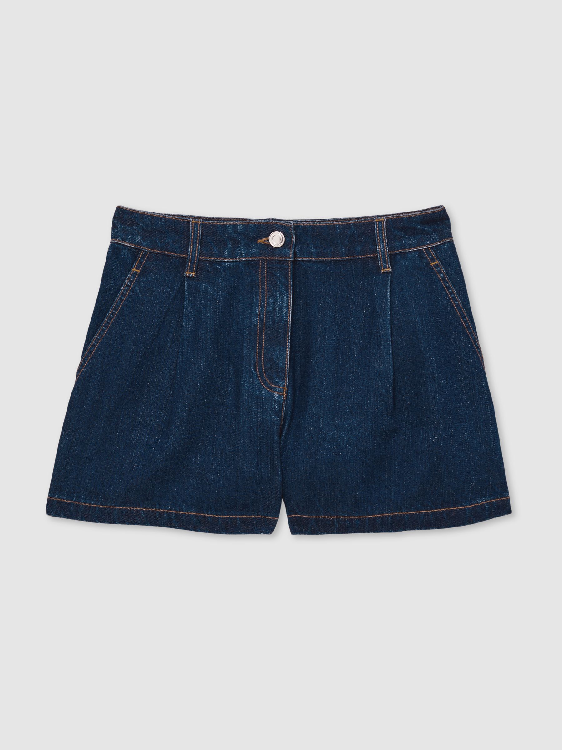 Denim Pleated Shorts in Mid Blue - Image 2 of 6