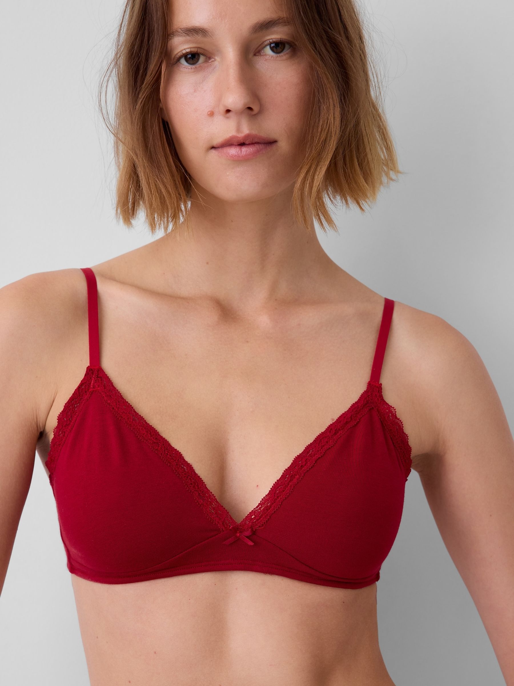 Burgundy Red Soft Made Stretch Cotton Lace-Trim Triangle Bralette - Image 1 of 5