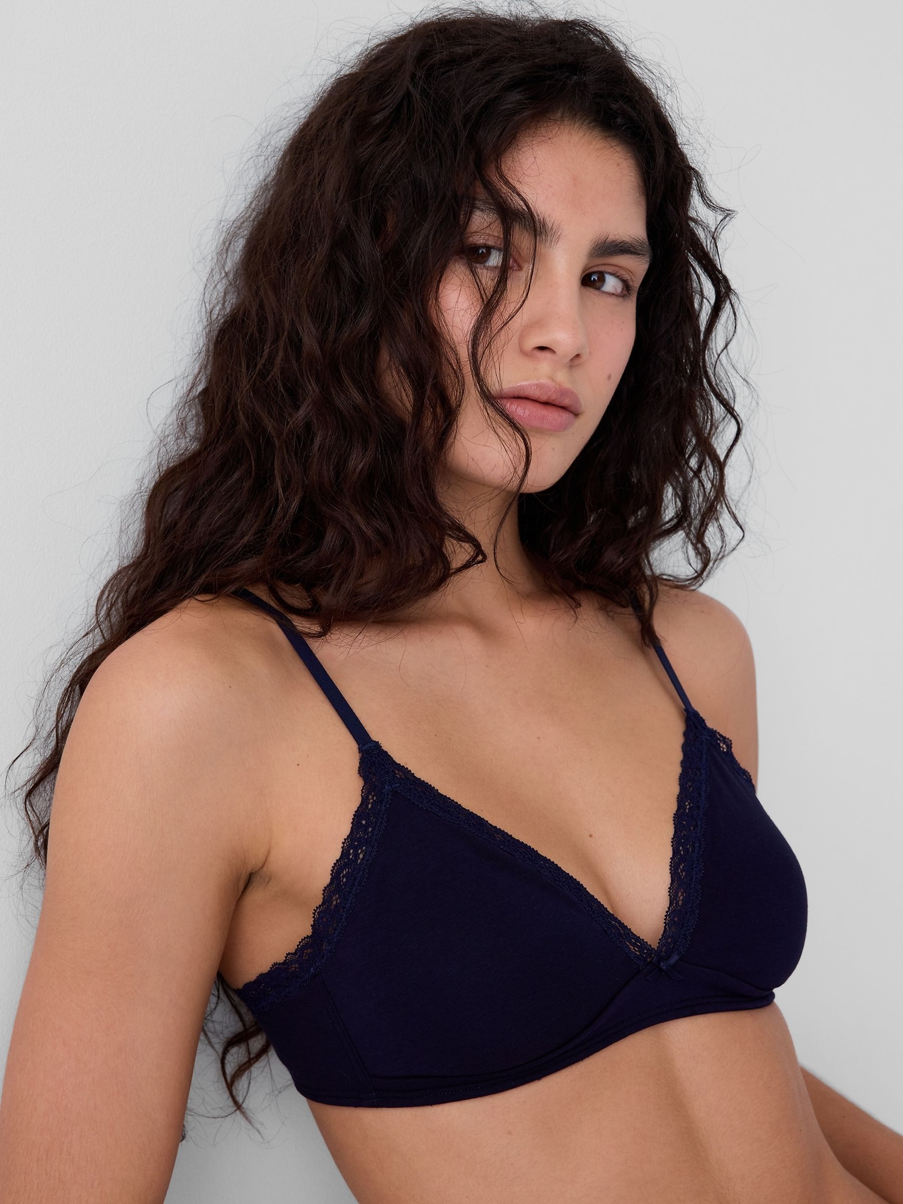 Navy Soft Stretch Cotton Lace-Trim Triangle Bralette - Image 4 of 5