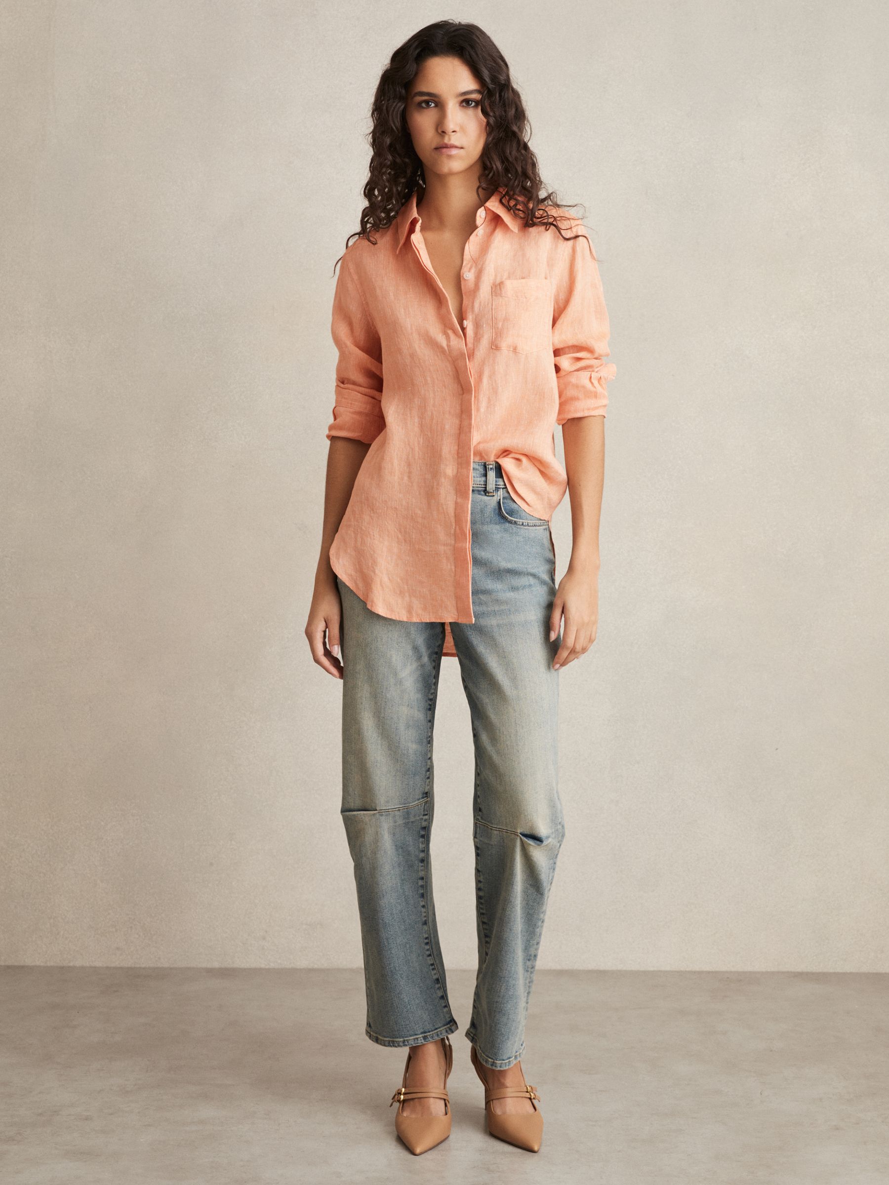 Linen Button-Through Shirt in Orange - Image 3 of 6