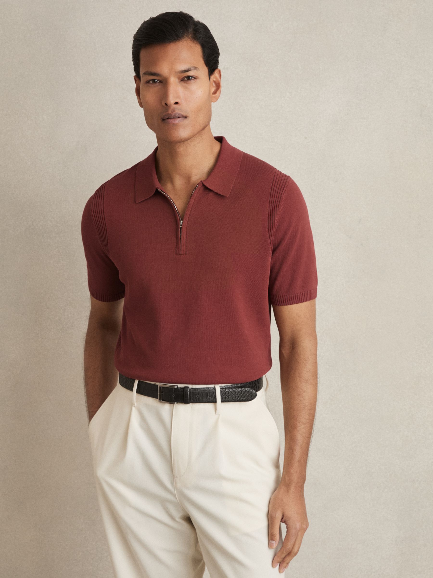 Cotton Half-Zip Knitted Polo Shirt in Rust - Image 1 of 6