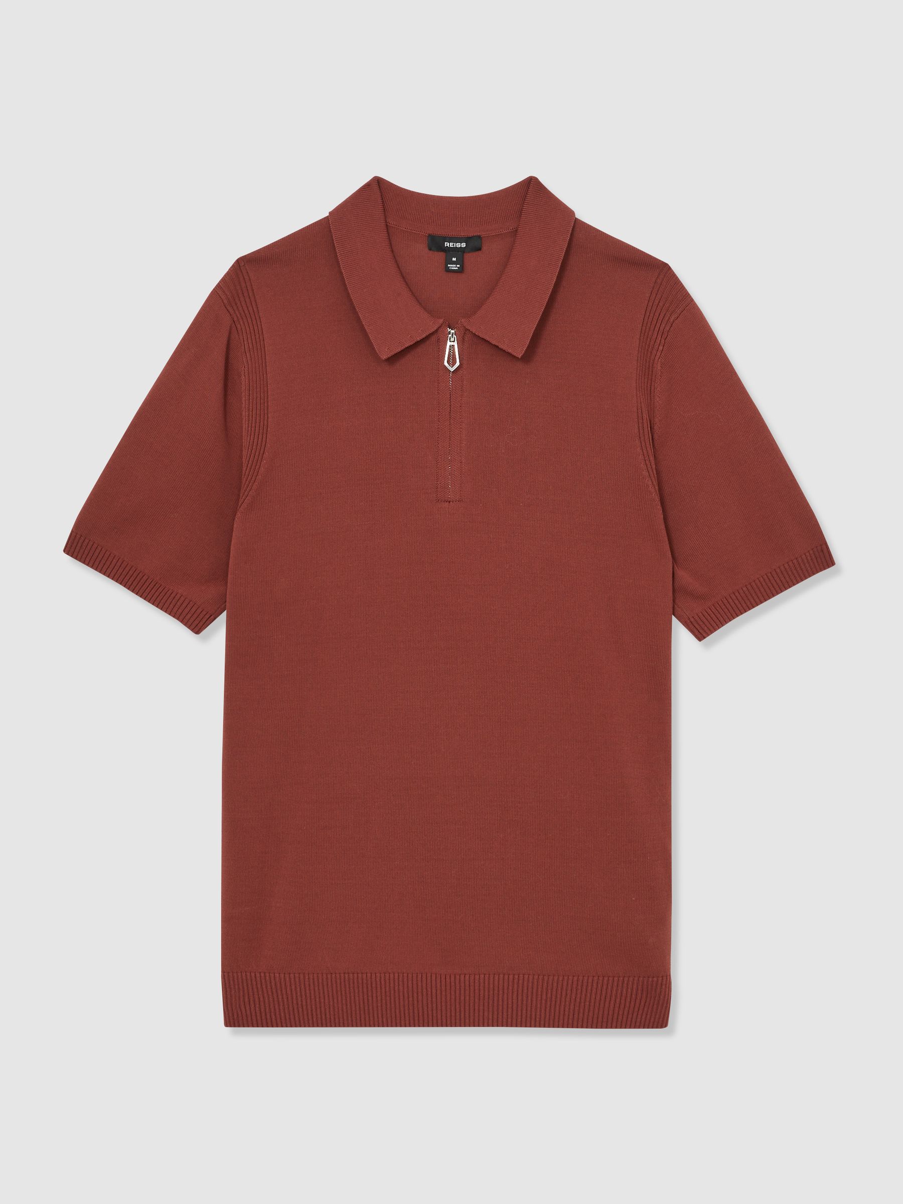 Cotton Half-Zip Knitted Polo Shirt in Rust - Image 2 of 6