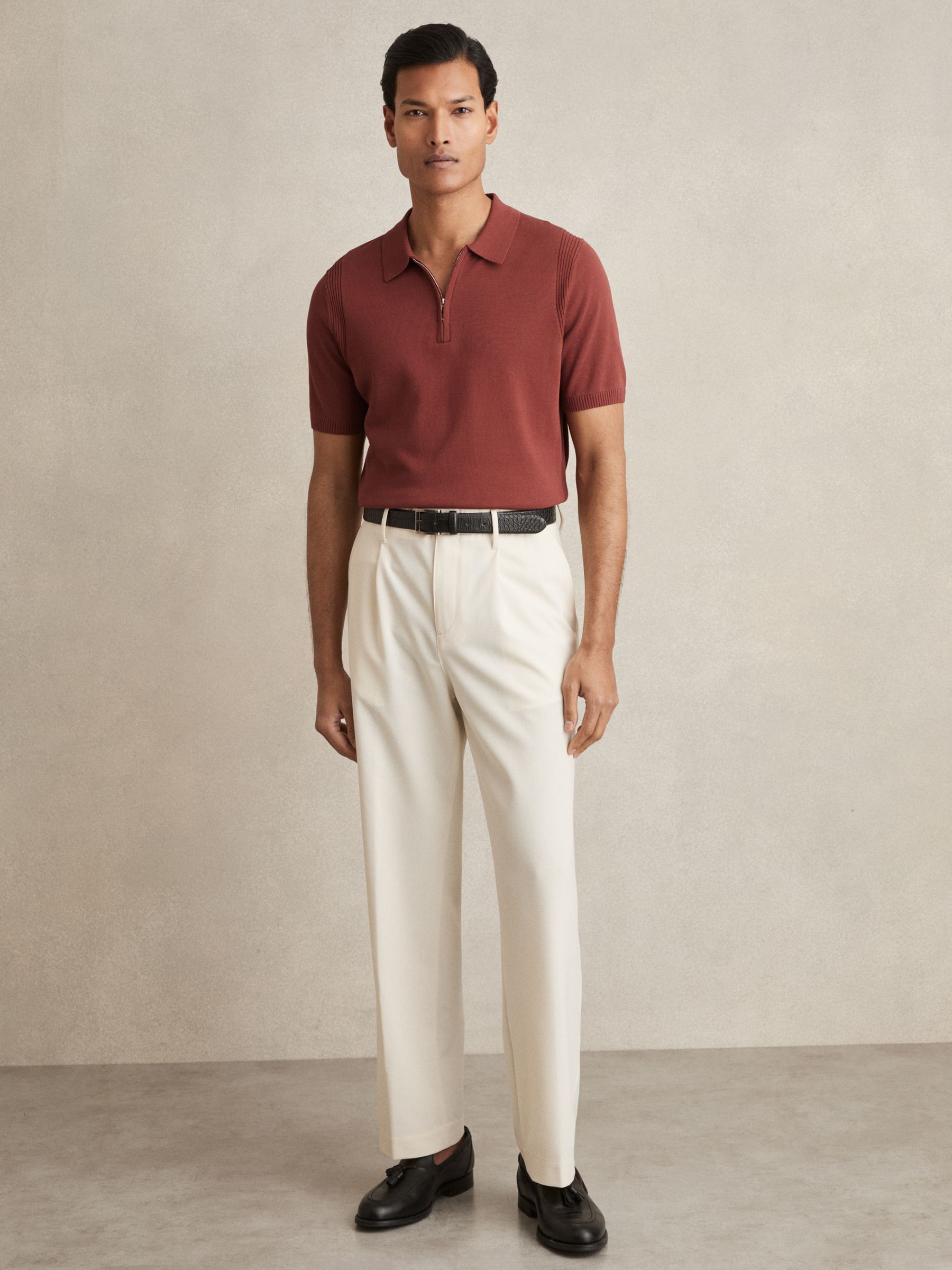 Cotton Half-Zip Knitted Polo Shirt in Rust - Image 3 of 6