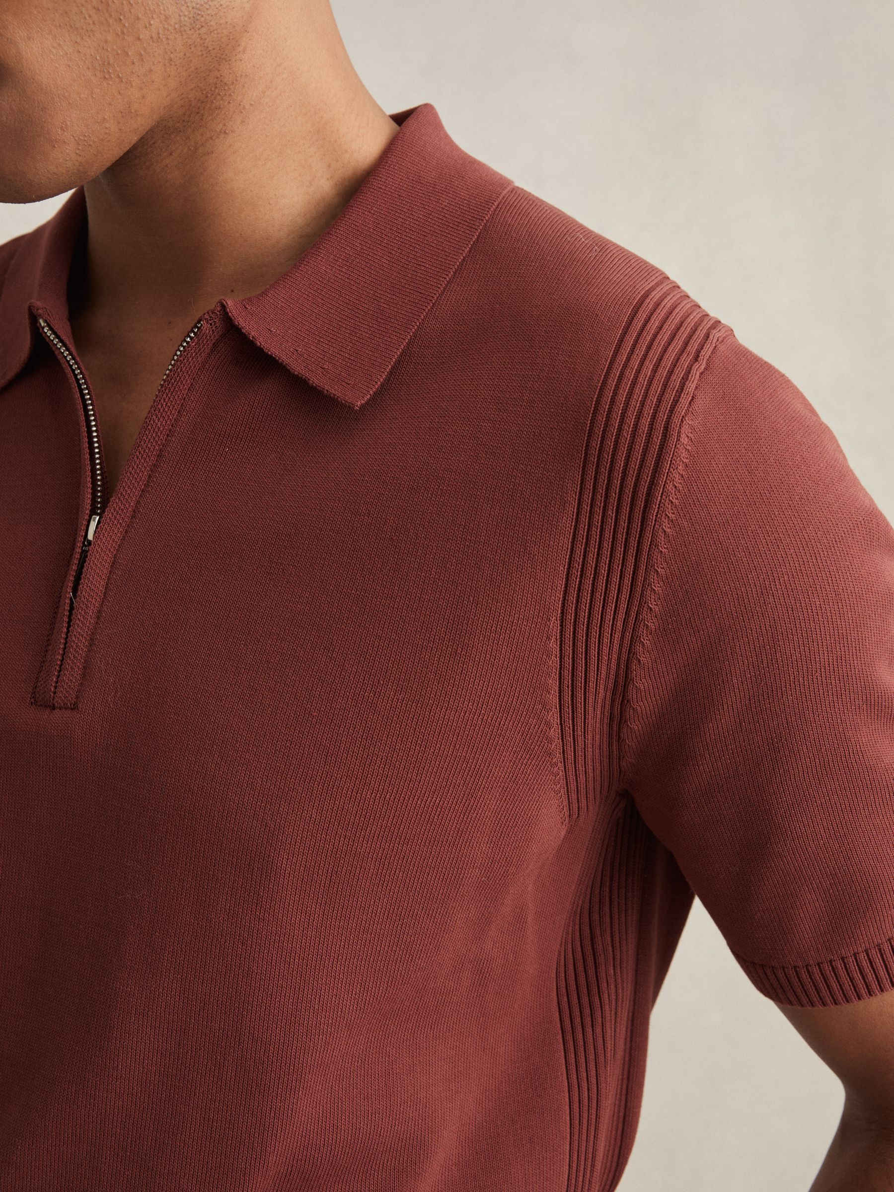 Cotton Half-Zip Knitted Polo Shirt in Rust - Image 4 of 6