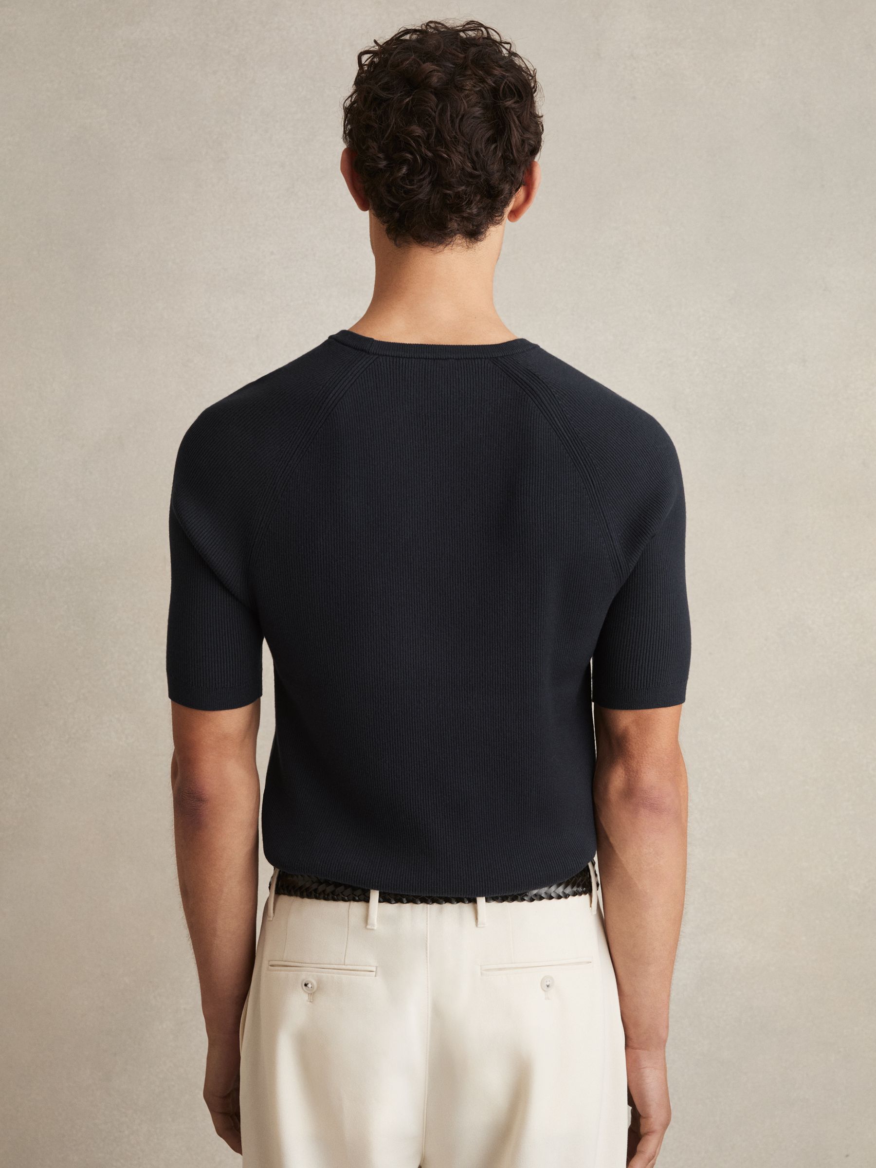 Ribbed Knit Crew T-Shirt in Navy - Image 5 of 6