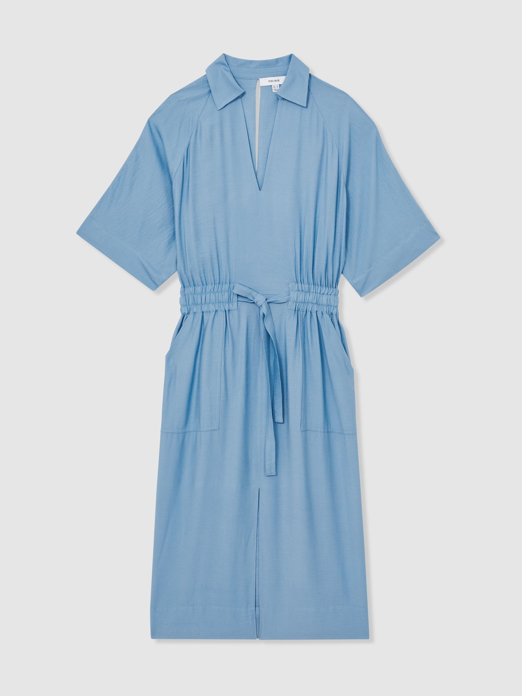Shirred-Waist Midi Shirt Dress in Blue - Image 2 of 5