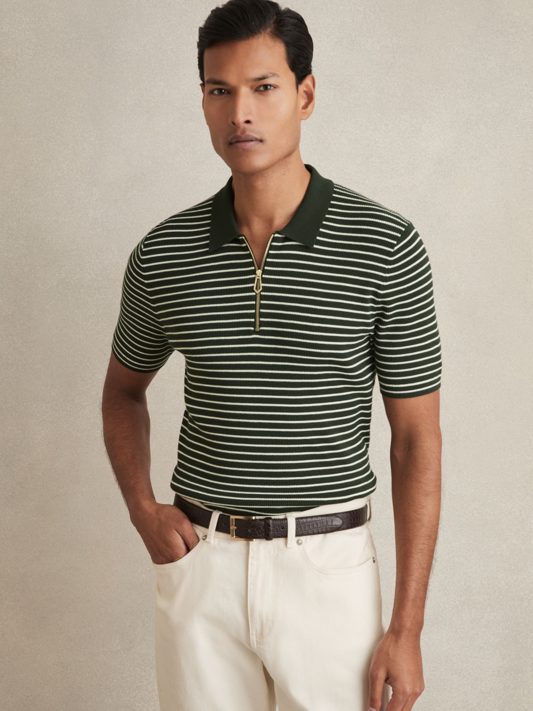 Half-Zip Stripe Polo Shirt in Forest Green - Image 1 of 6