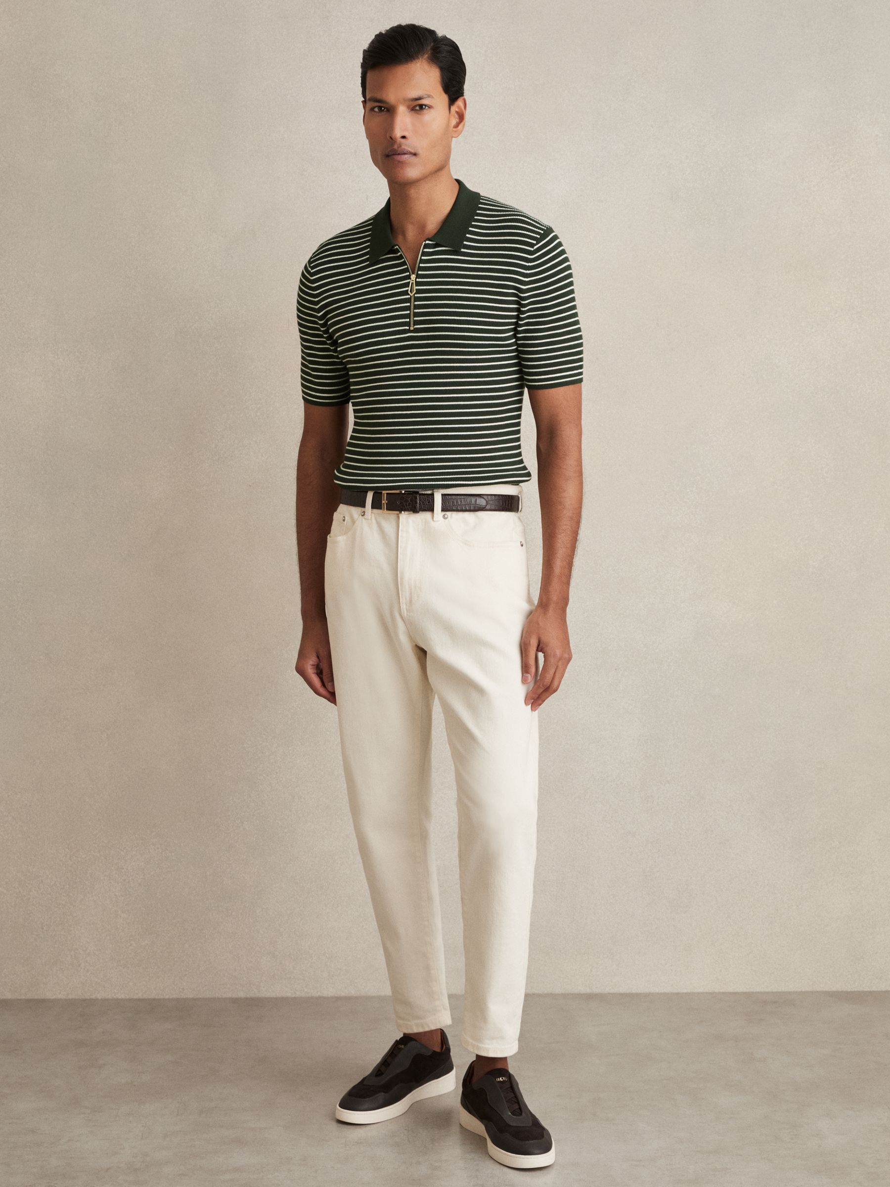 Half-Zip Stripe Polo Shirt in Forest Green - Image 3 of 6