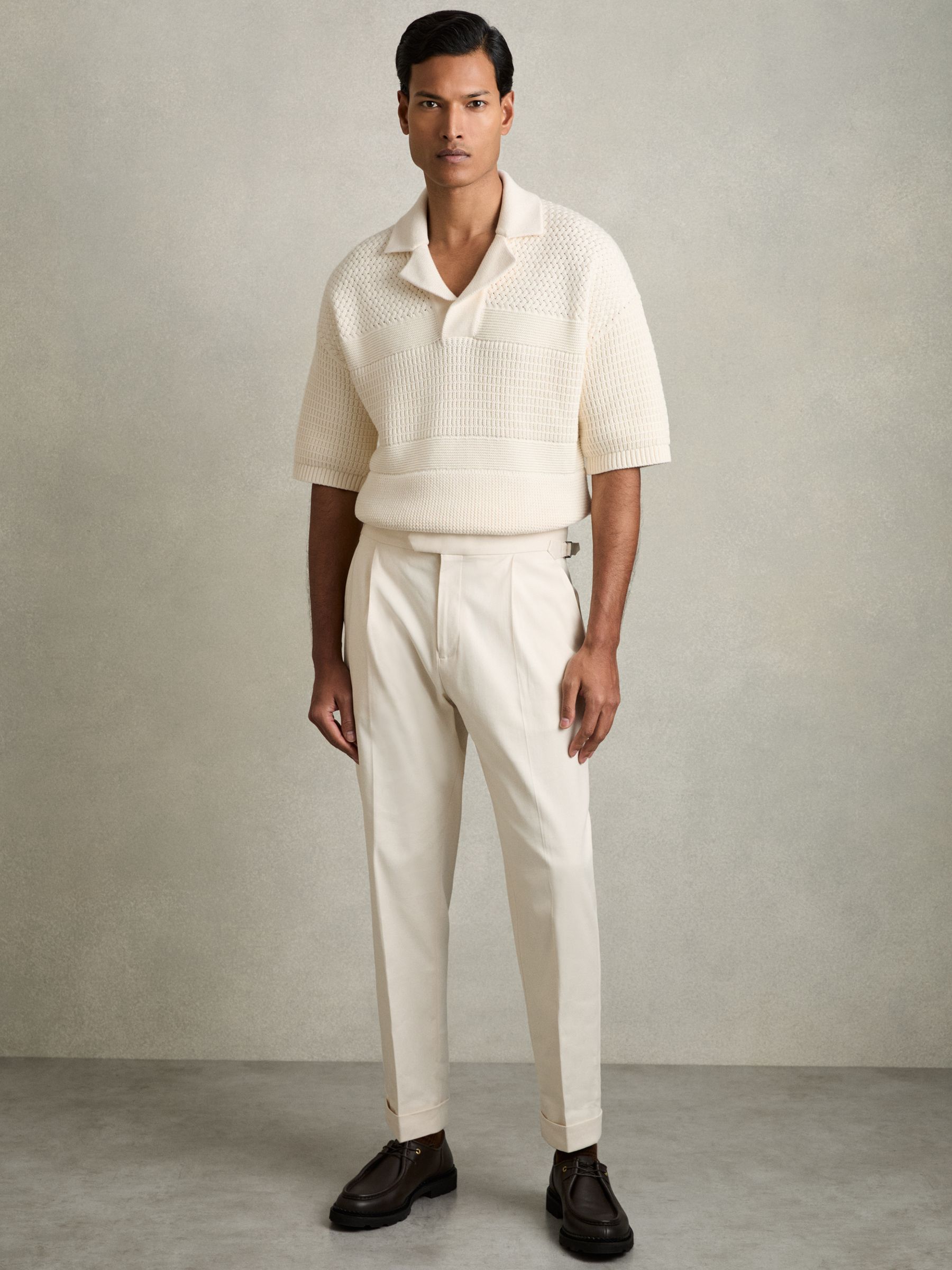 Cotton Textured-Knit Polo Shirt in Off White - Image 1 of 5