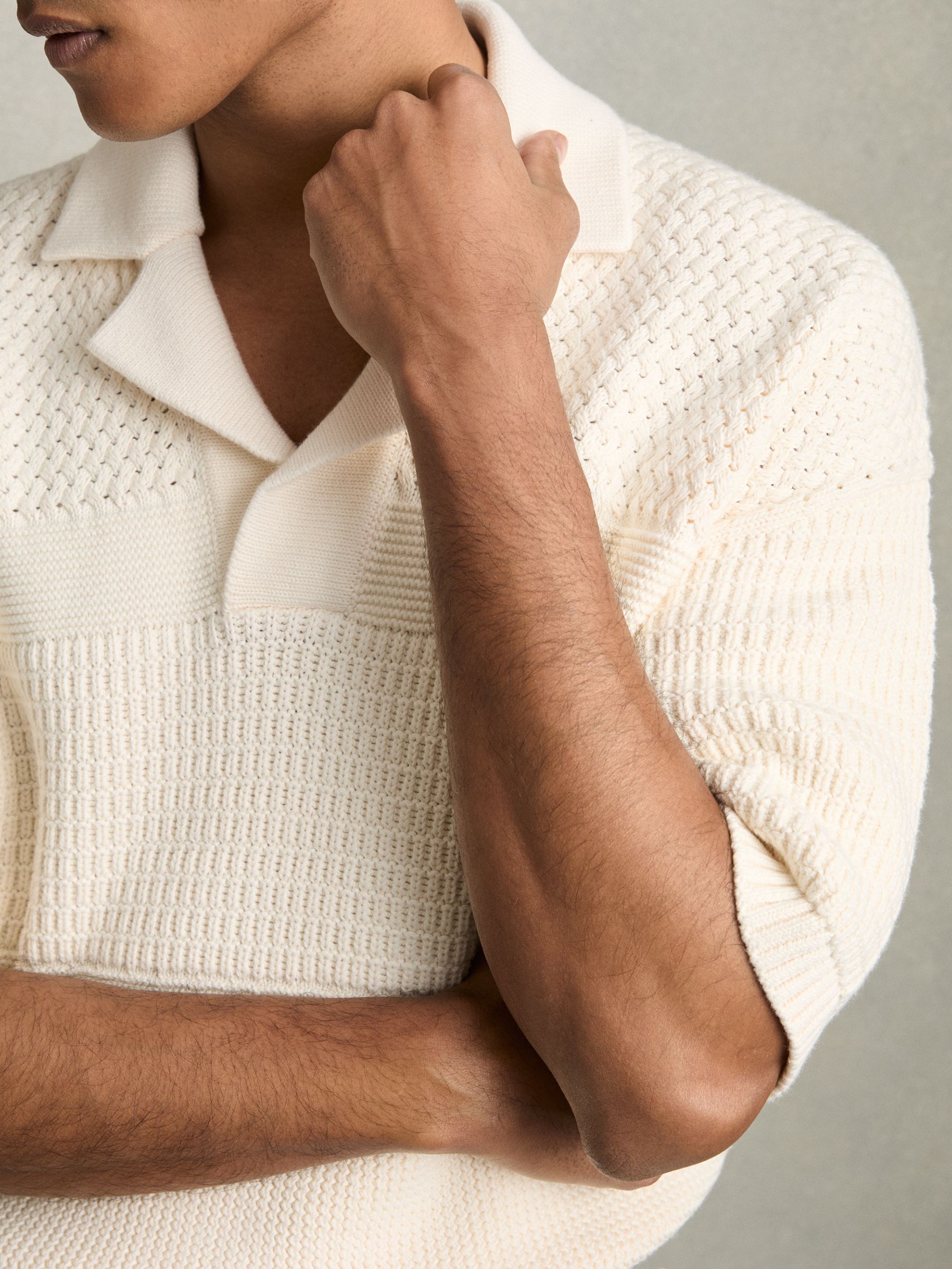 Cotton Textured-Knit Polo Shirt in Off White - Image 3 of 5