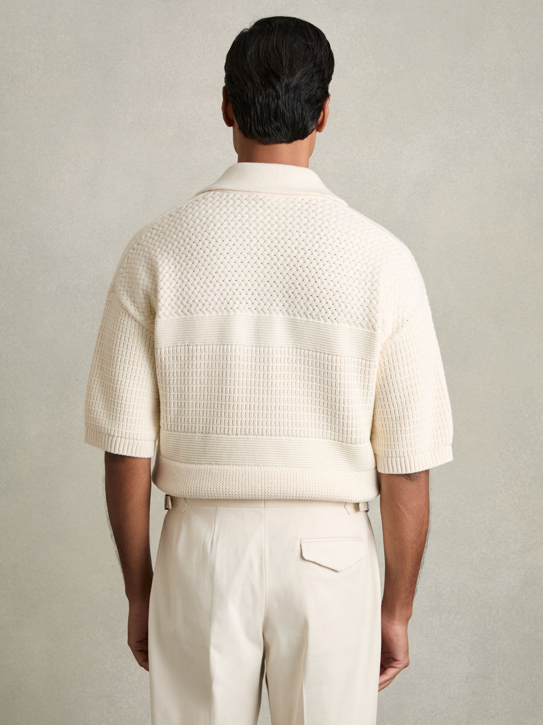 Cotton Textured-Knit Polo Shirt in Off White - Image 4 of 5