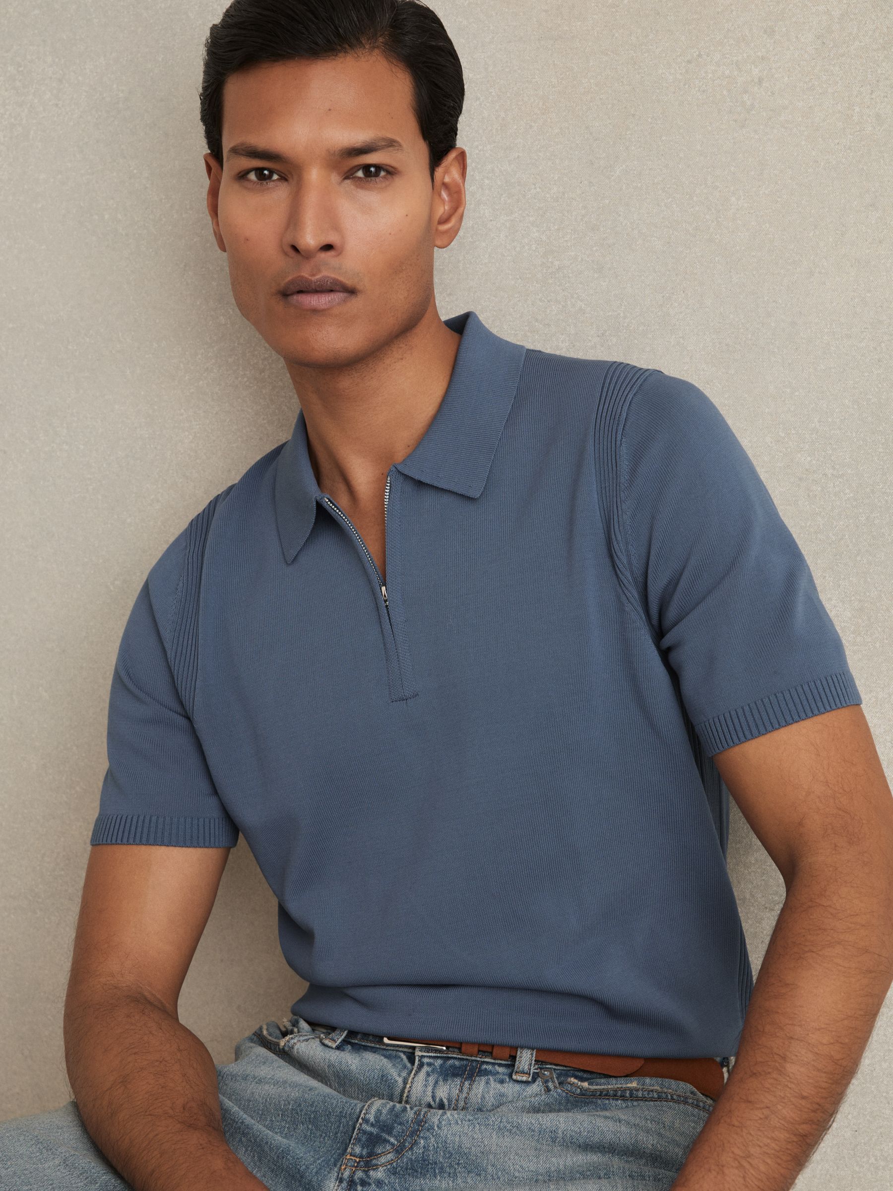 Cotton Half-Zip Knitted Polo Shirt in Airforce Blue - Image 1 of 7