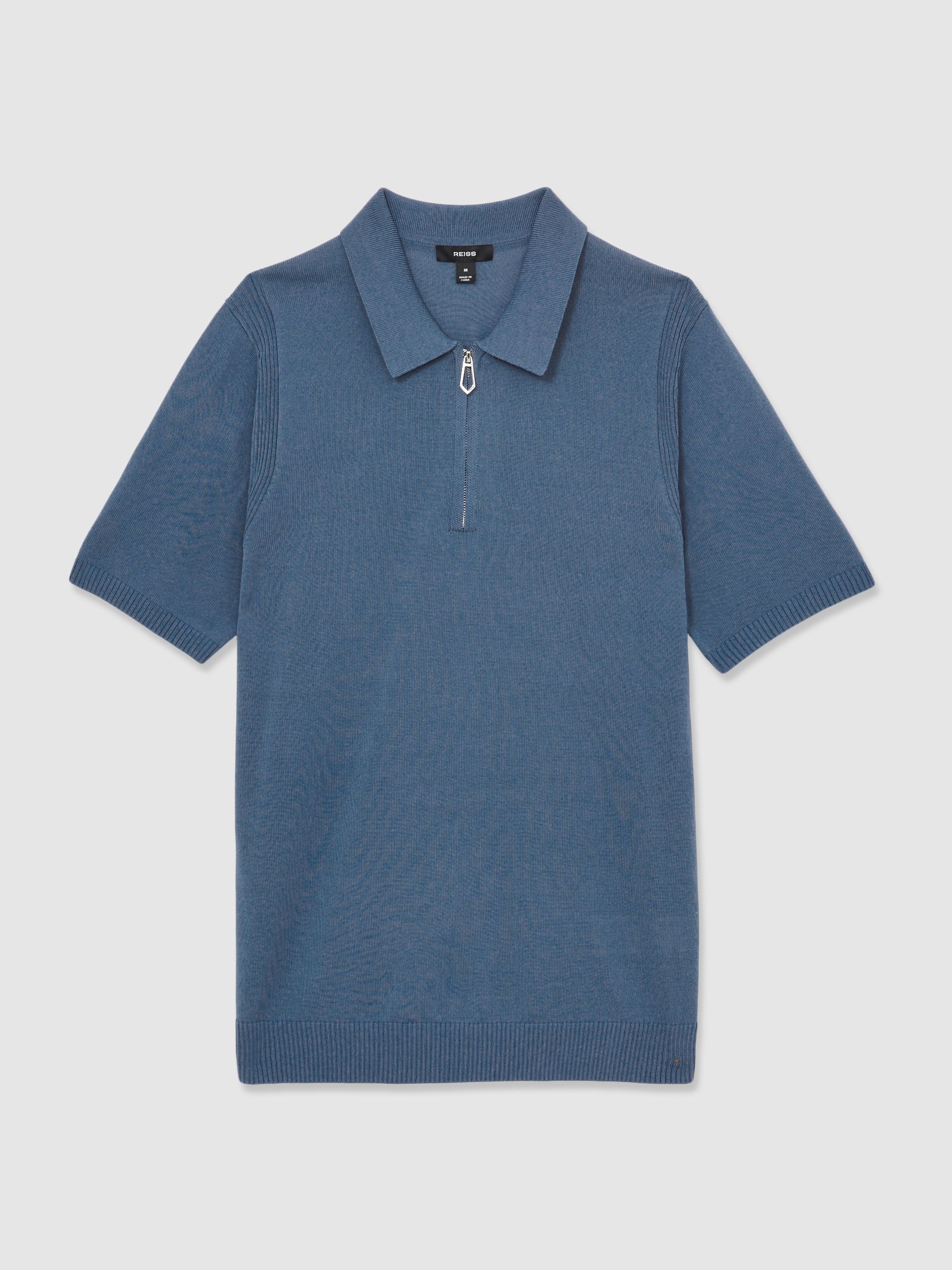 Cotton Half-Zip Knitted Polo Shirt in Airforce Blue - Image 2 of 7