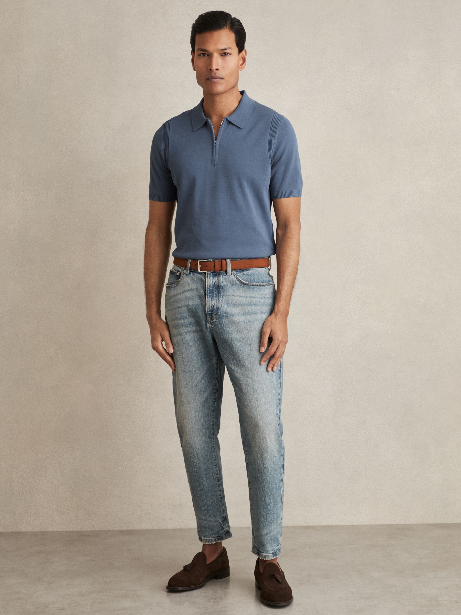 Cotton Half-Zip Knitted Polo Shirt in Airforce Blue - Image 3 of 7