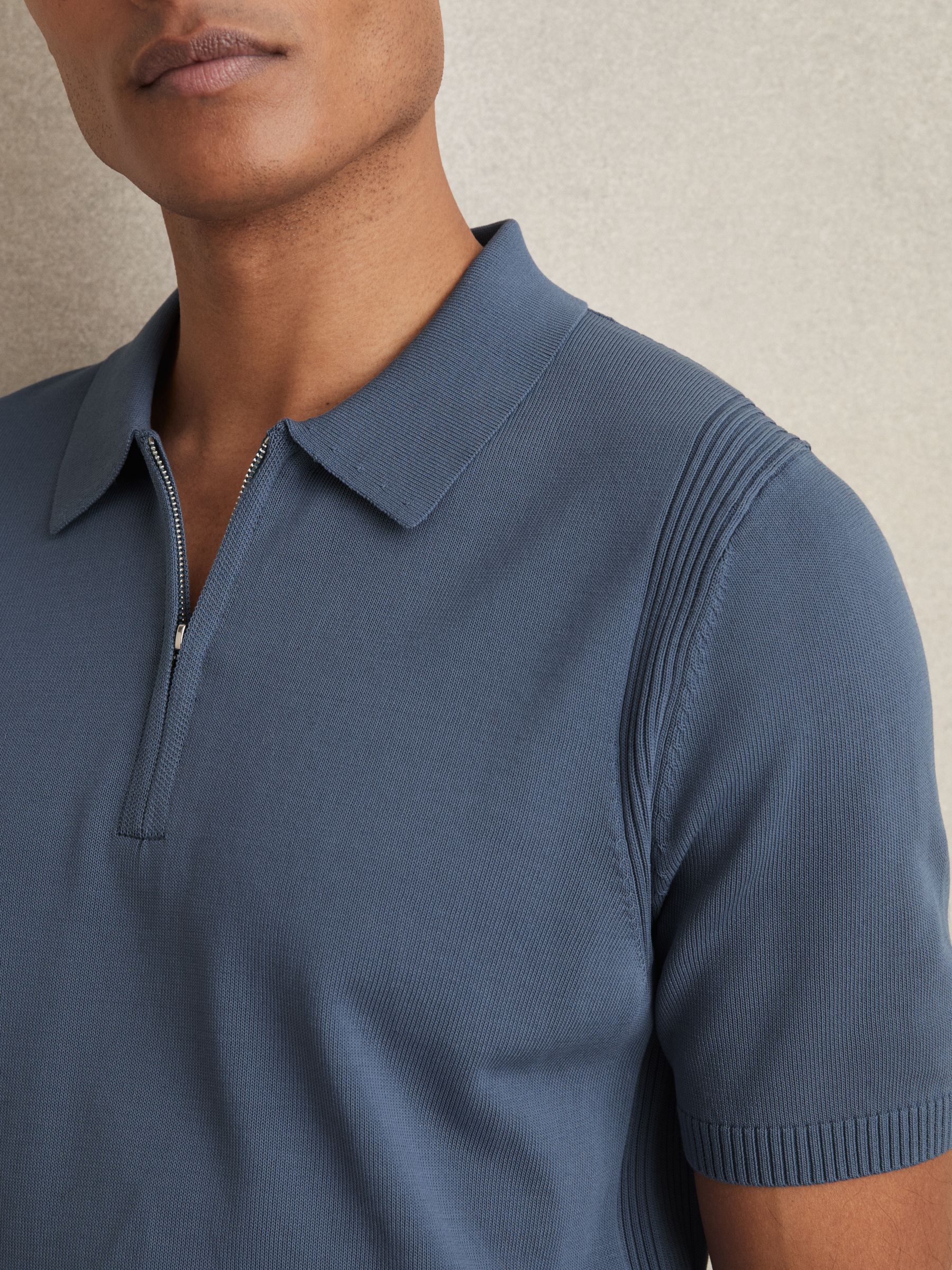 Cotton Half-Zip Knitted Polo Shirt in Airforce Blue - Image 4 of 7