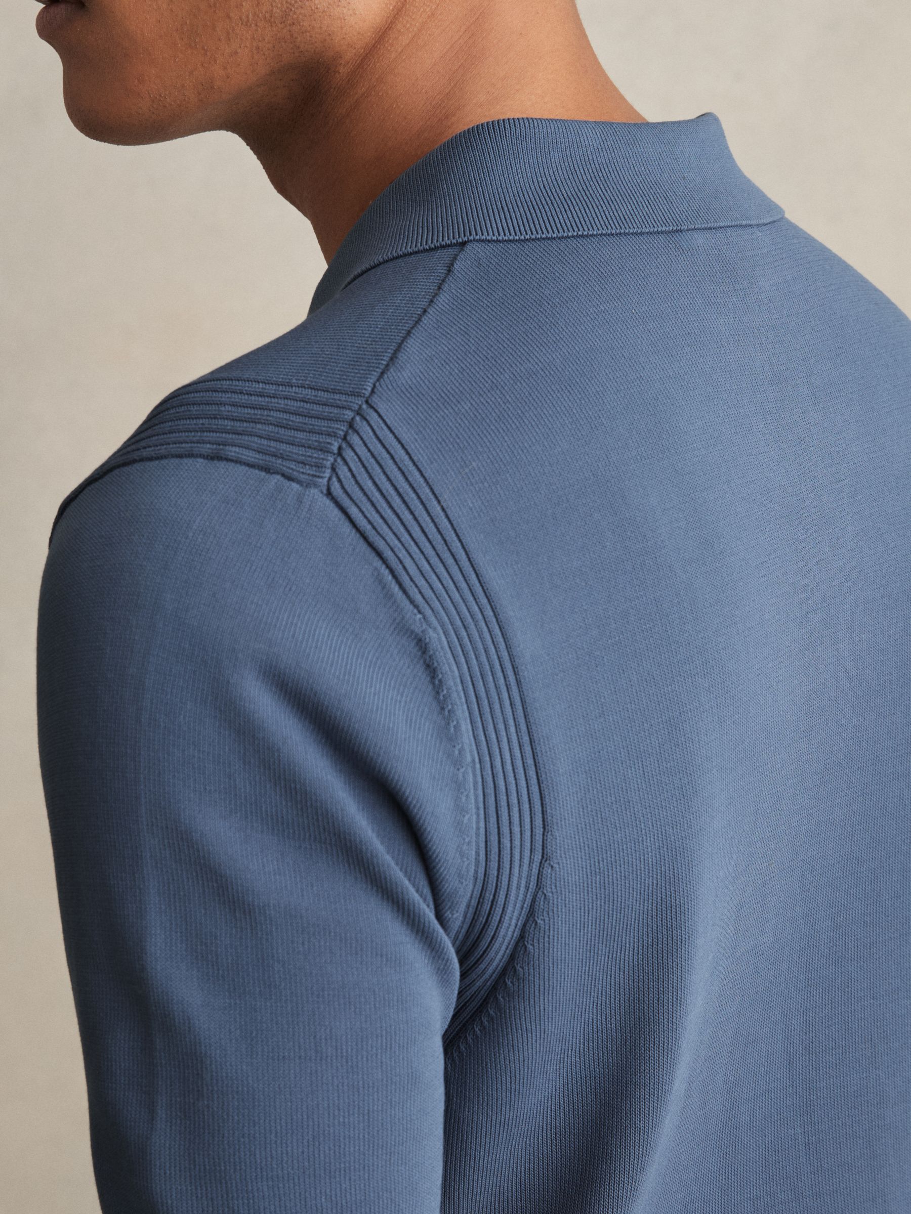 Cotton Half-Zip Knitted Polo Shirt in Airforce Blue - Image 5 of 7