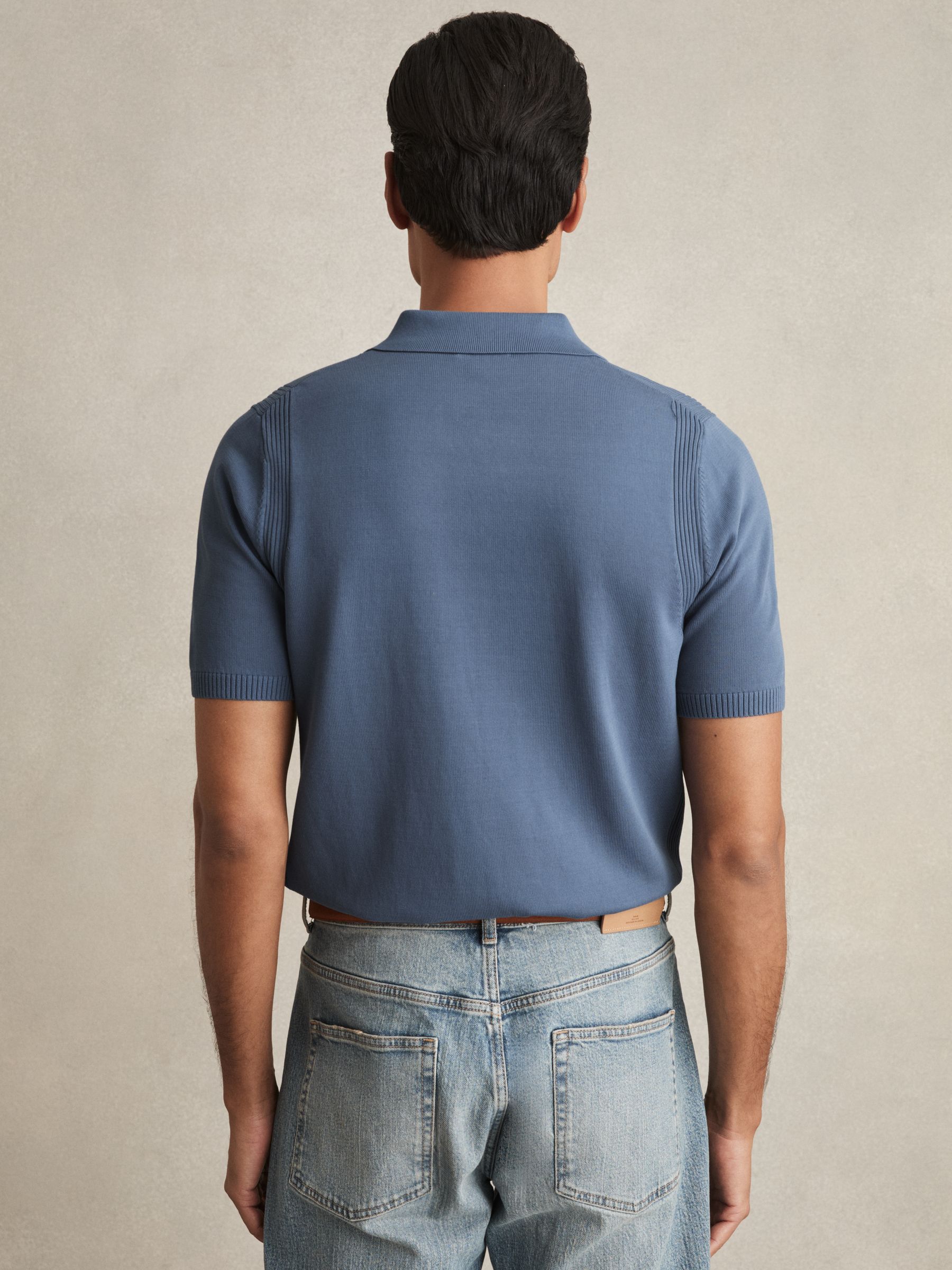 Cotton Half-Zip Knitted Polo Shirt in Airforce Blue - Image 6 of 7