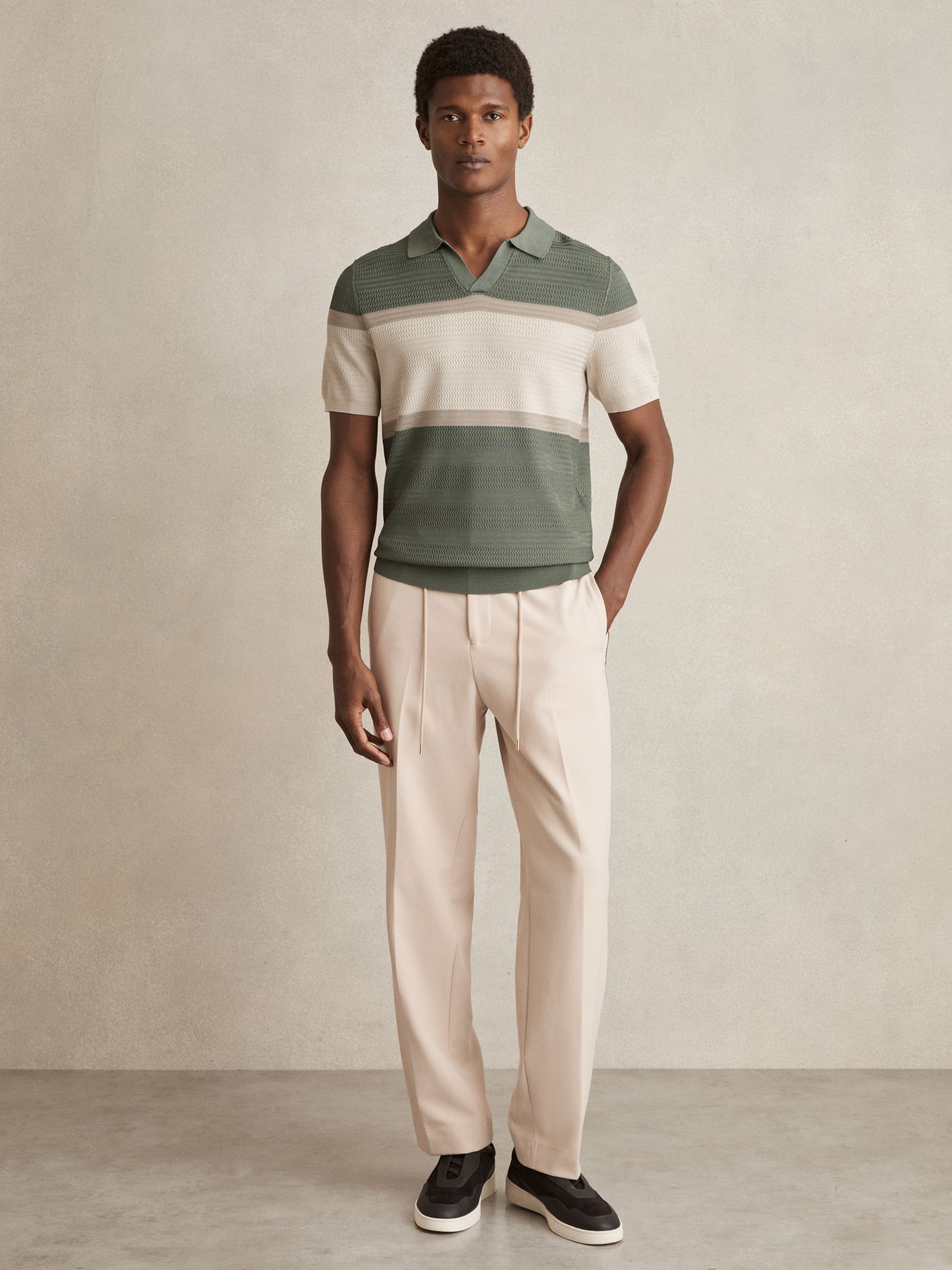 Textured Knit Stripe Polo Shirt in Sage Green - Image 1 of 5