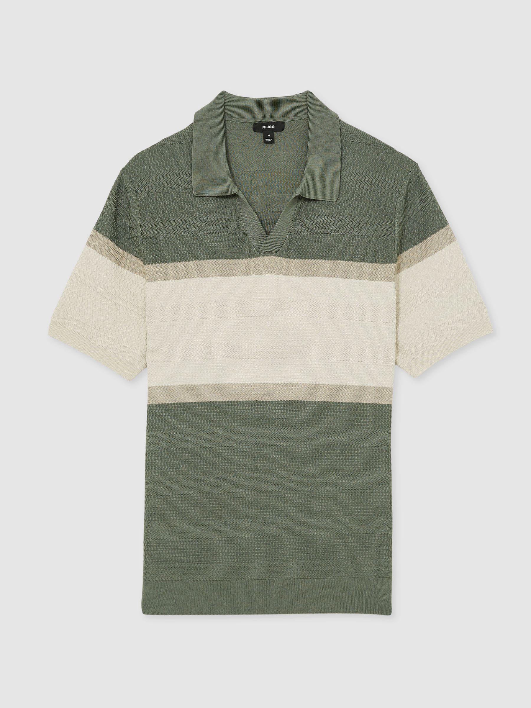 Textured Knit Stripe Polo Shirt in Sage Green - Image 2 of 5
