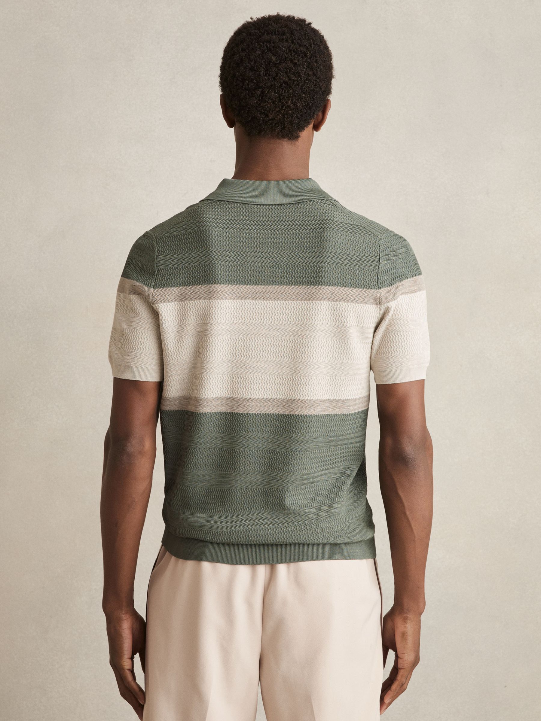Textured Knit Stripe Polo Shirt in Sage Green - Image 3 of 5