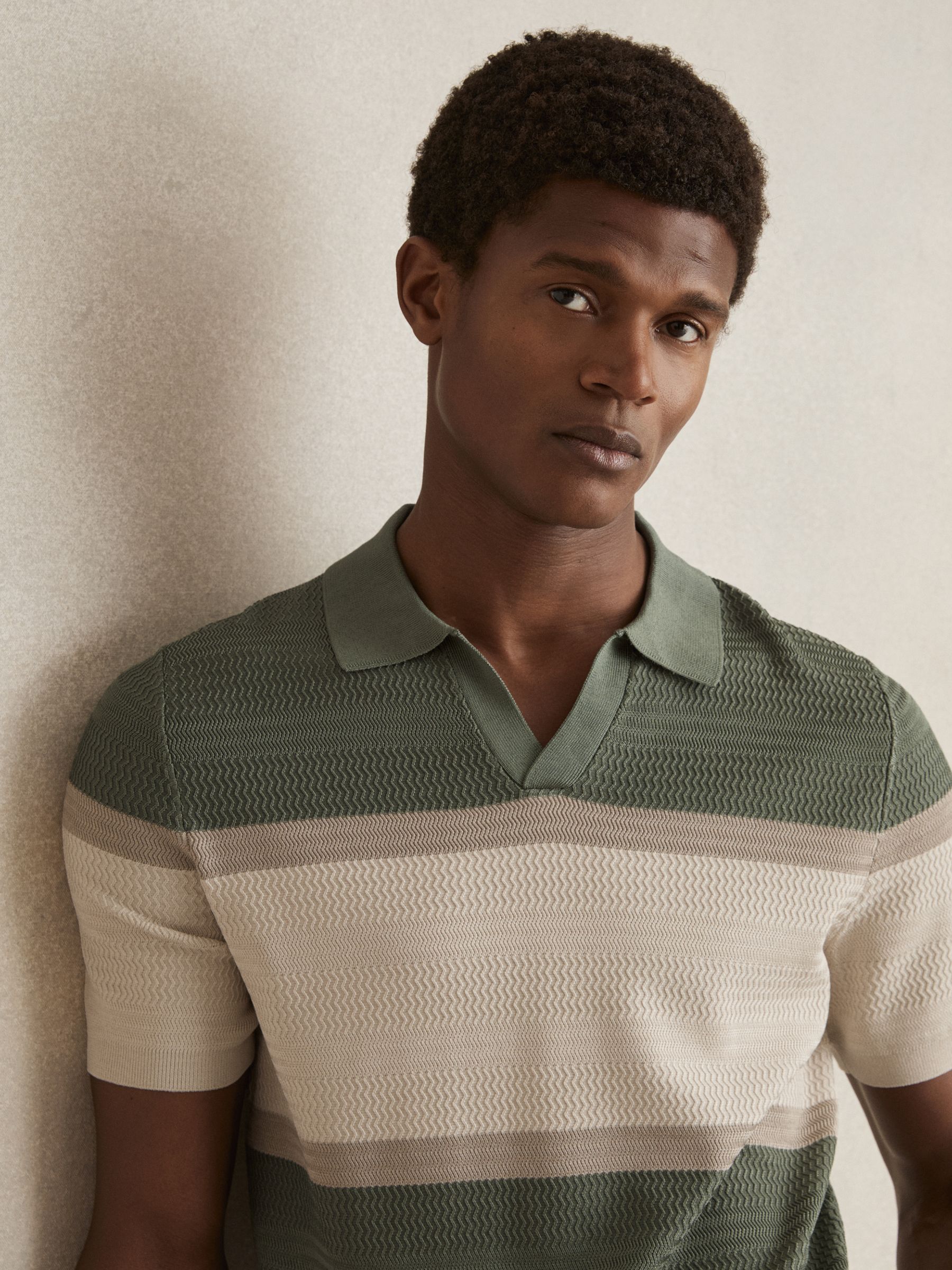 Textured Knit Stripe Polo Shirt in Sage Green - Image 4 of 5