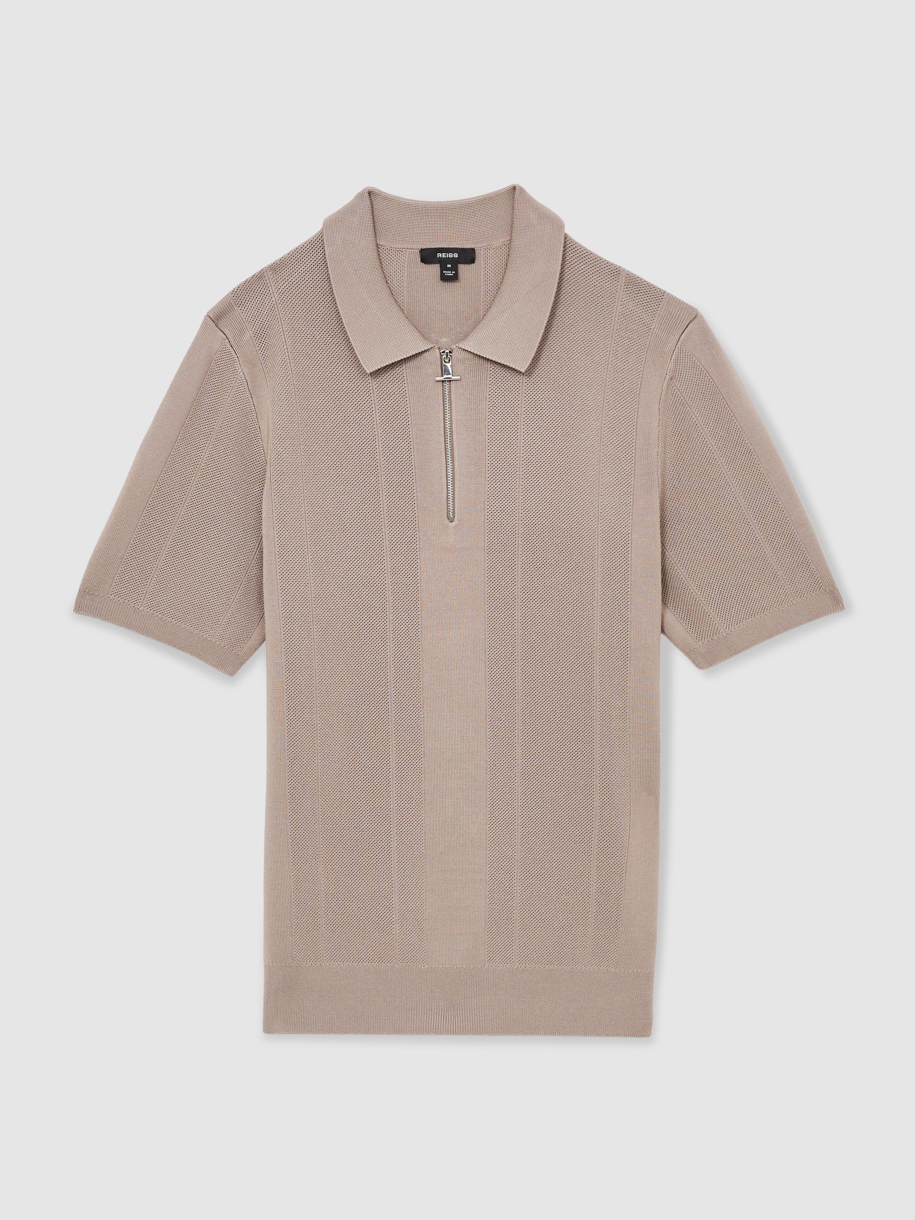 Half-Zip Textured-Knit Polo Shirt in Taupe Brown - Image 2 of 8