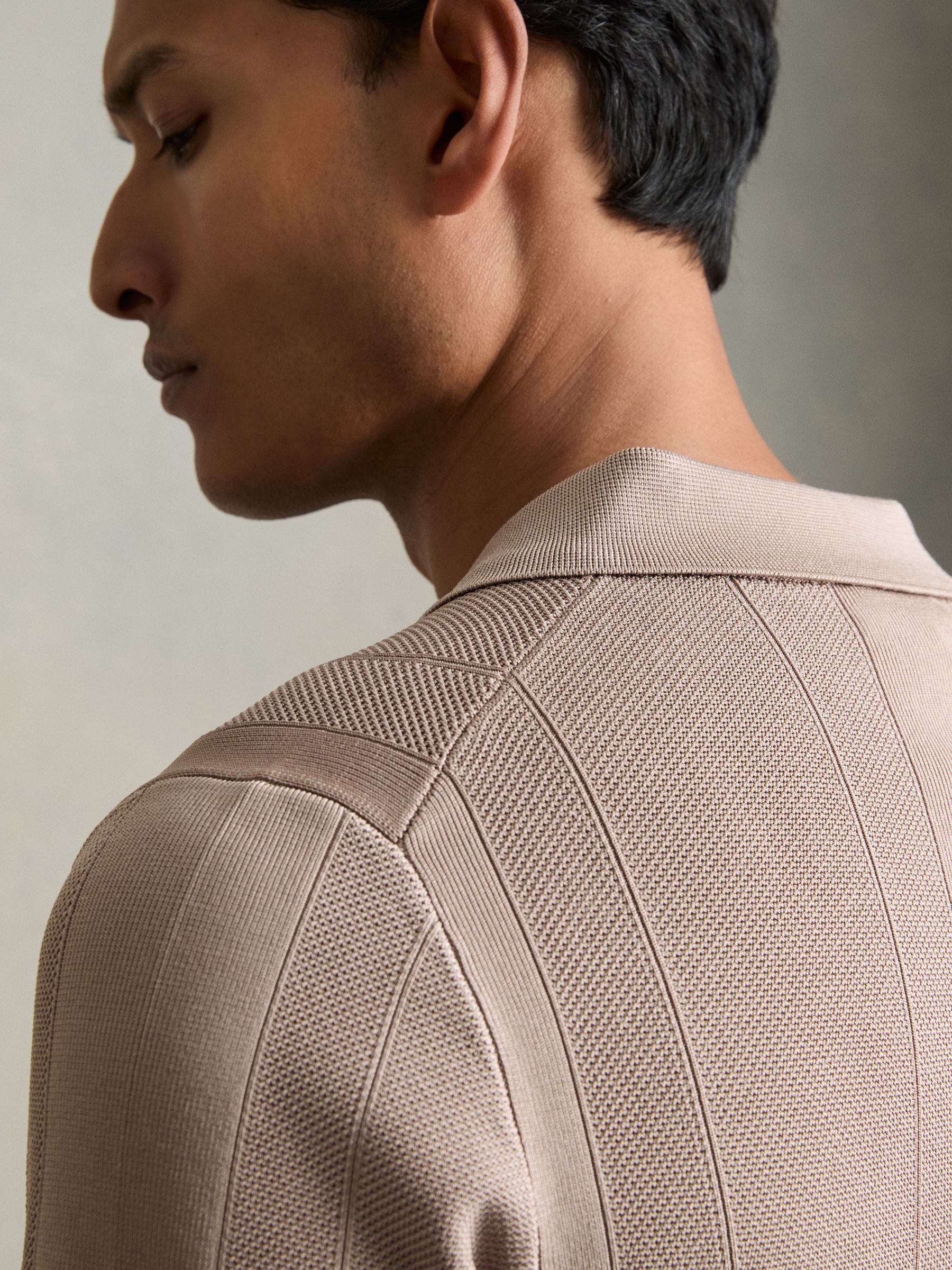 Half-Zip Textured-Knit Polo Shirt in Taupe Brown - image 4