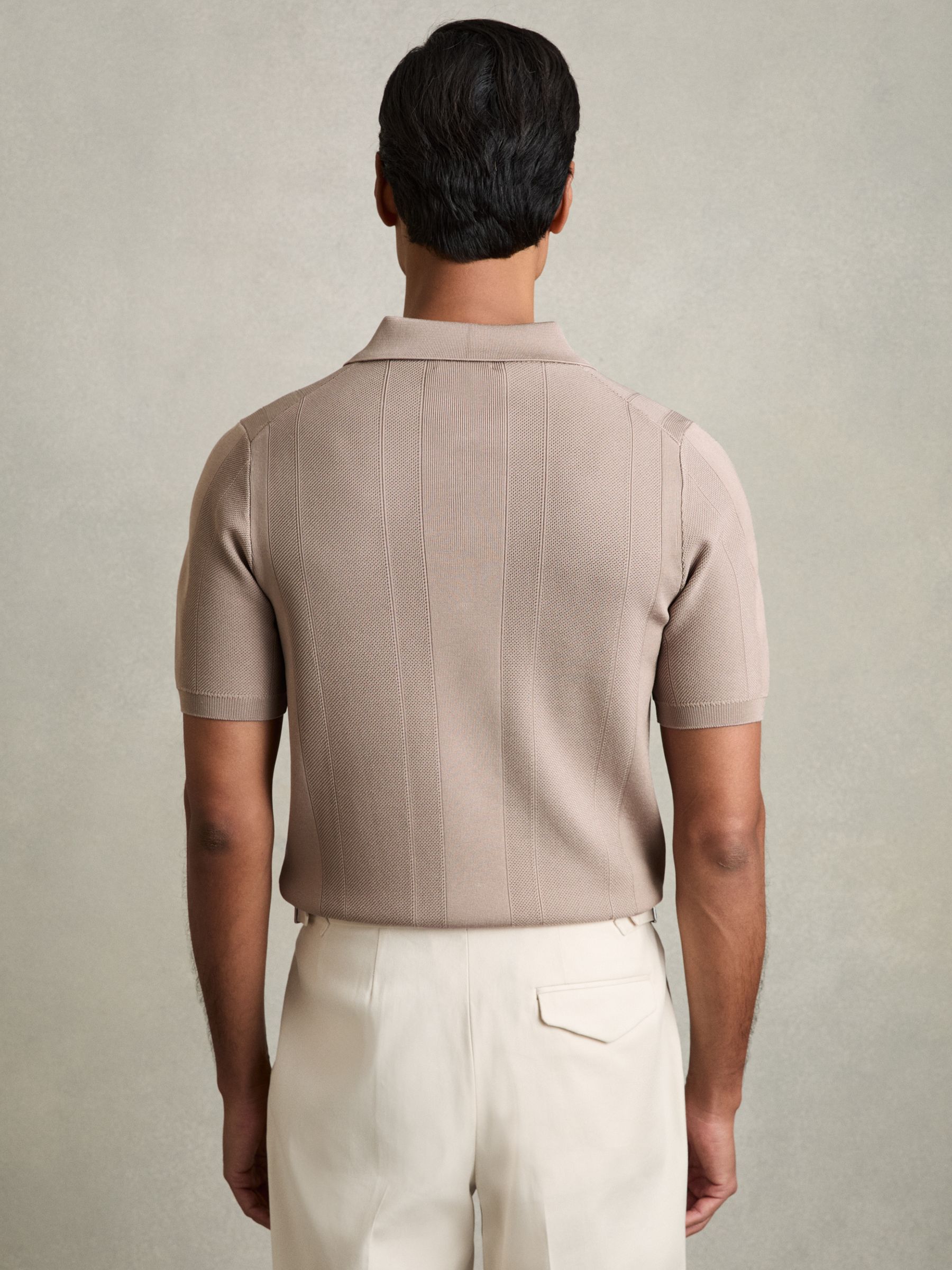 Half-Zip Textured-Knit Polo Shirt in Taupe Brown - Image 4 of 8