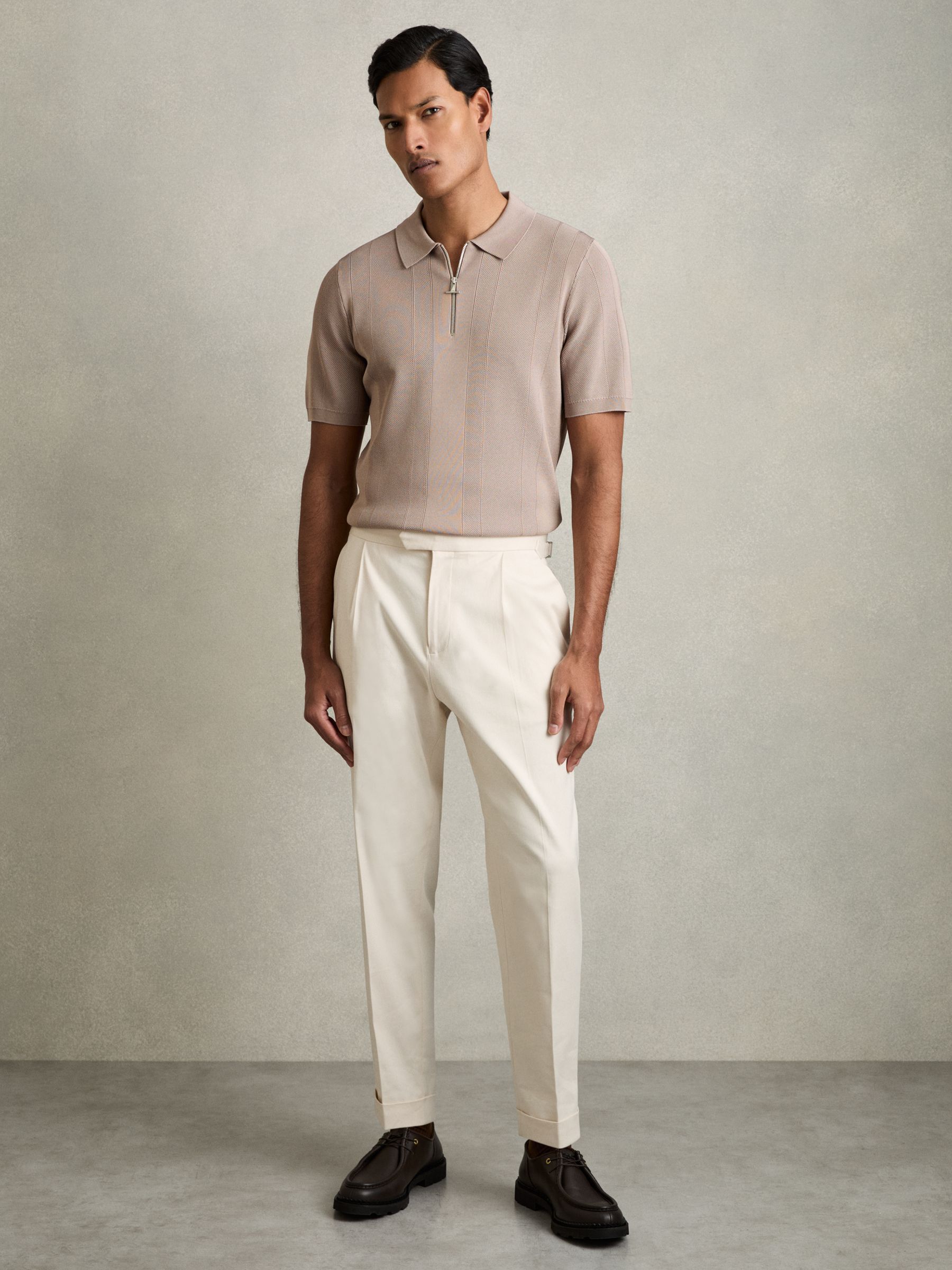 Half-Zip Textured-Knit Polo Shirt in Taupe Brown - Image 6 of 8