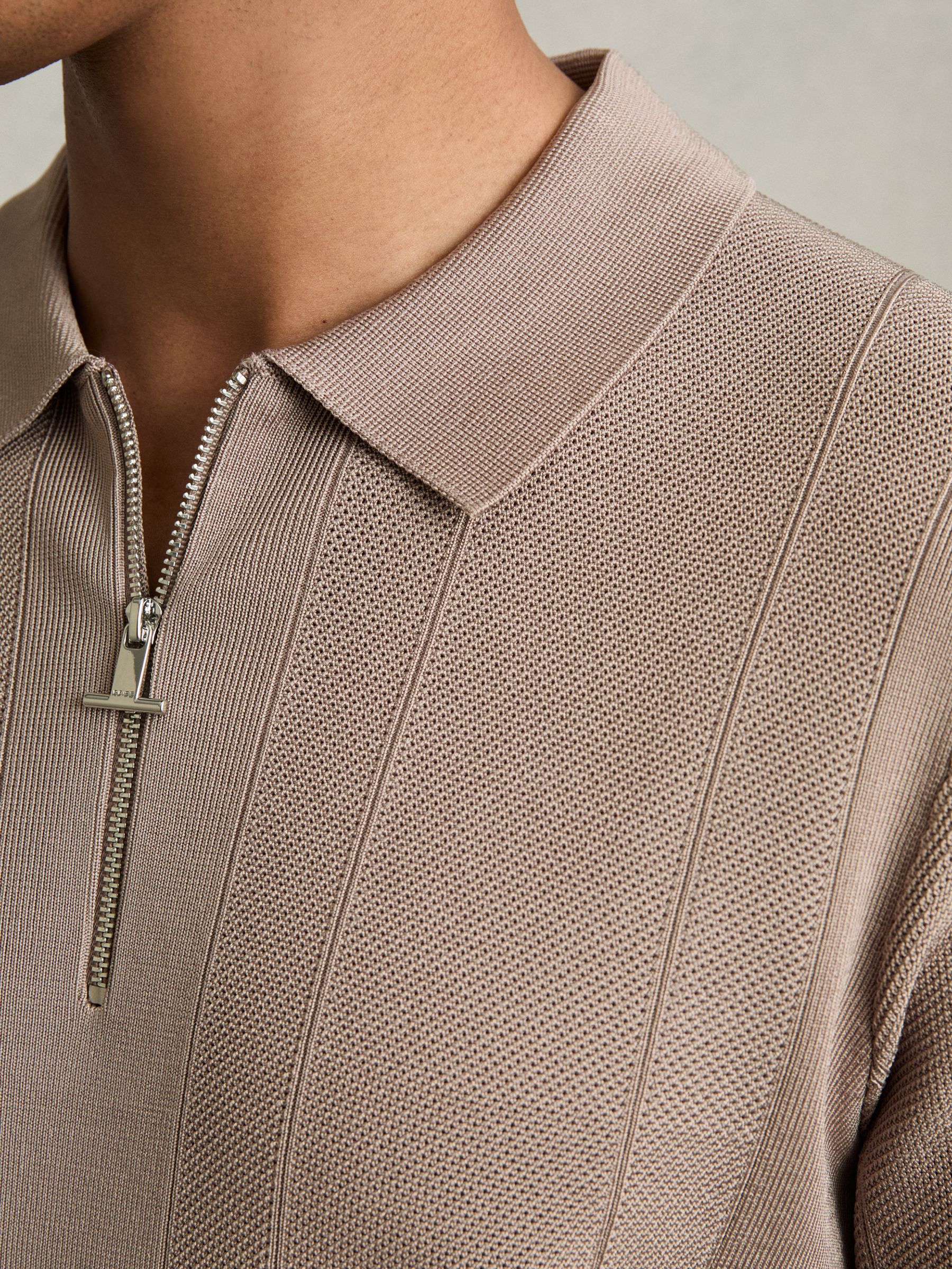 Half-Zip Textured-Knit Polo Shirt in Taupe Brown - Image 7 of 8