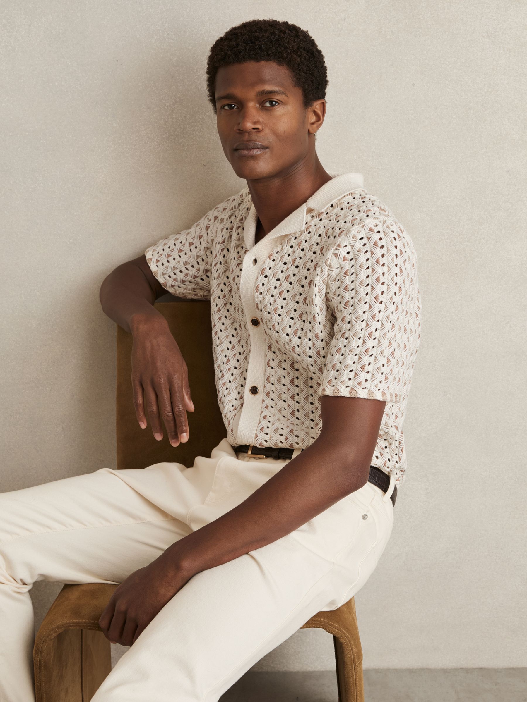 Textured-Knit Cuban-Collar Shirt in Natural - Image 3 of 8