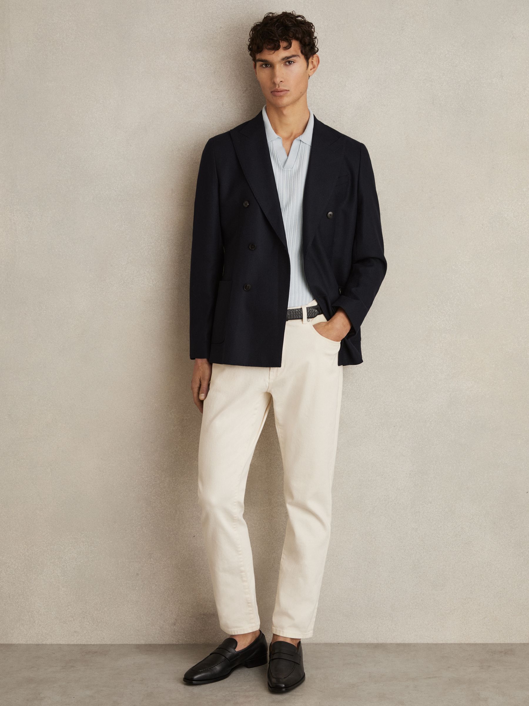 Open-Collar Textured Polo Shirt in Soft Blue/White - Image 3 of 6