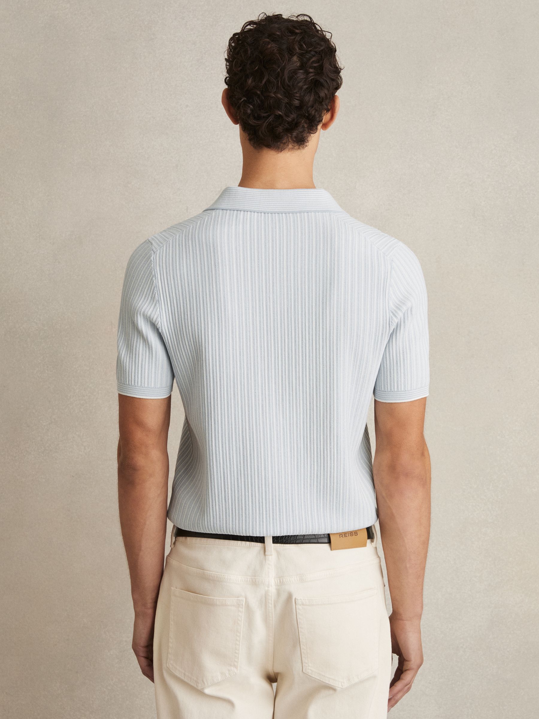 Open-Collar Textured Polo Shirt in Soft Blue/White - Image 5 of 6