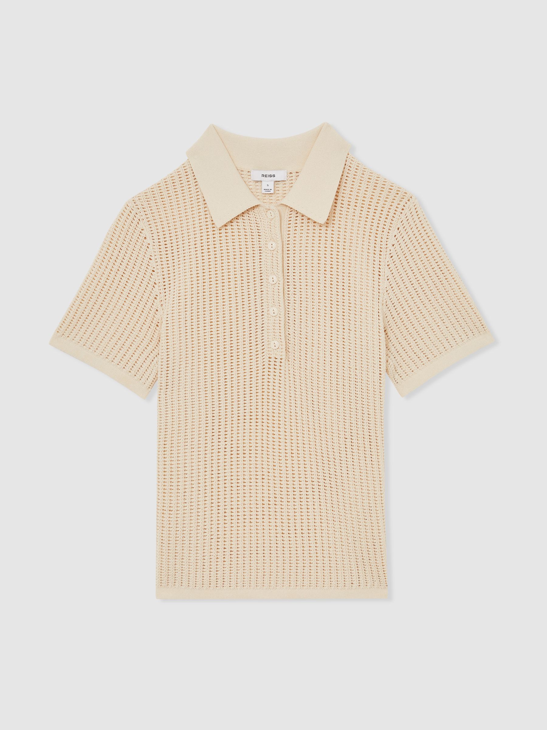 Cotton-Blend Open-Knit Polo Shirt in Ivory - Image 2 of 6