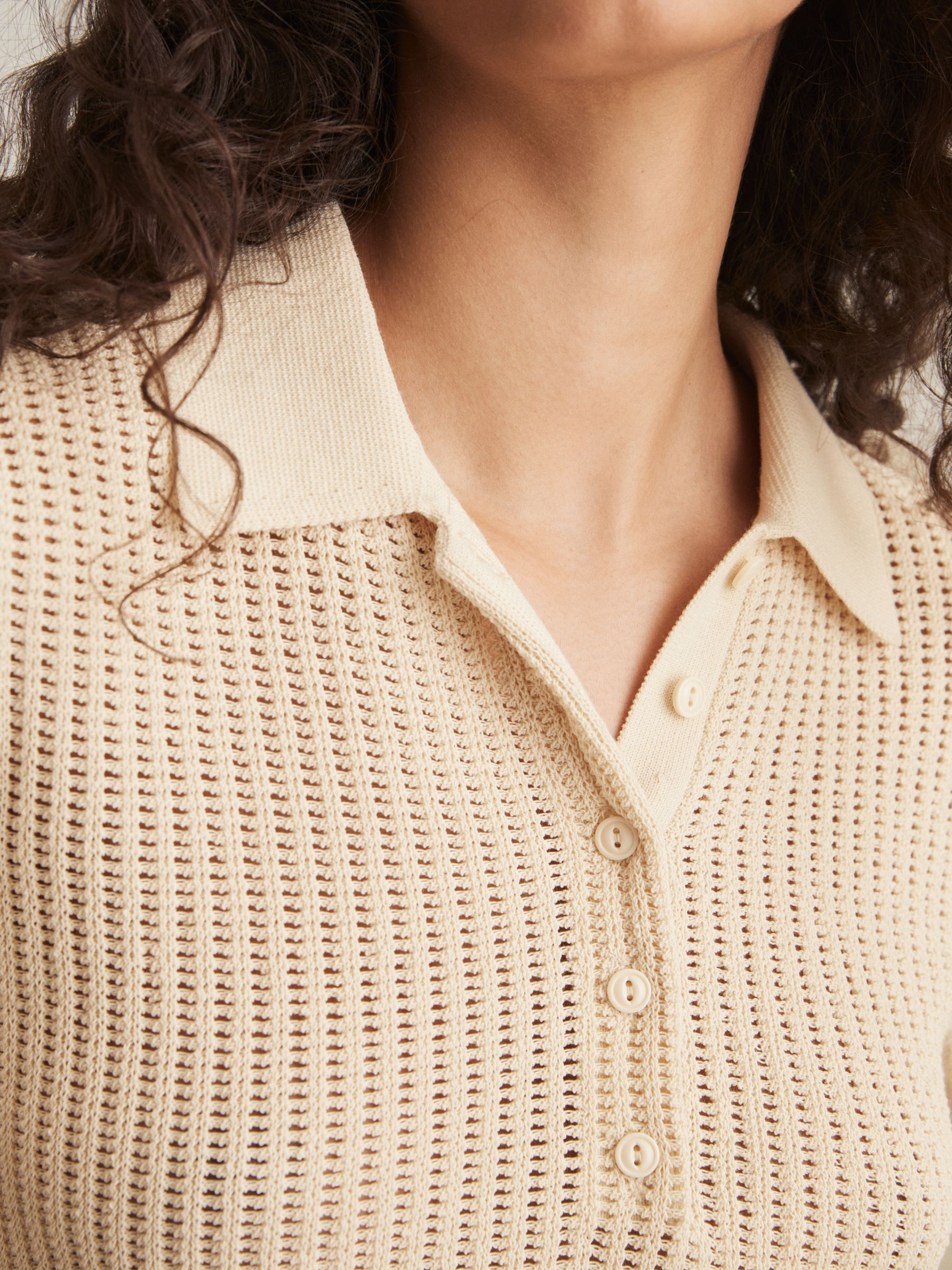 Cotton-Blend Open-Knit Polo Shirt in Ivory - Image 4 of 6