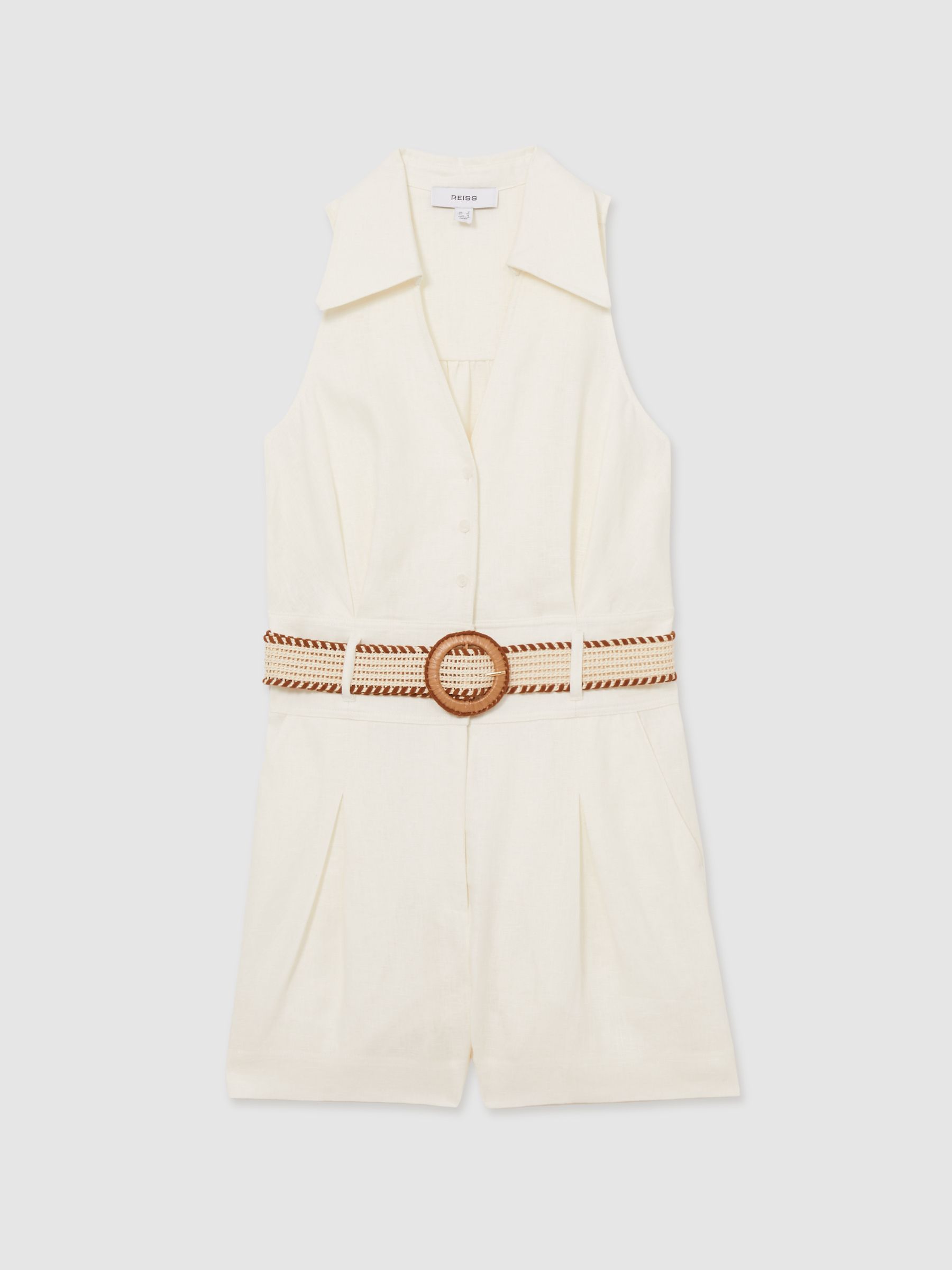 Linen Belted Collar Playsuit in Cream - Image 2 of 6