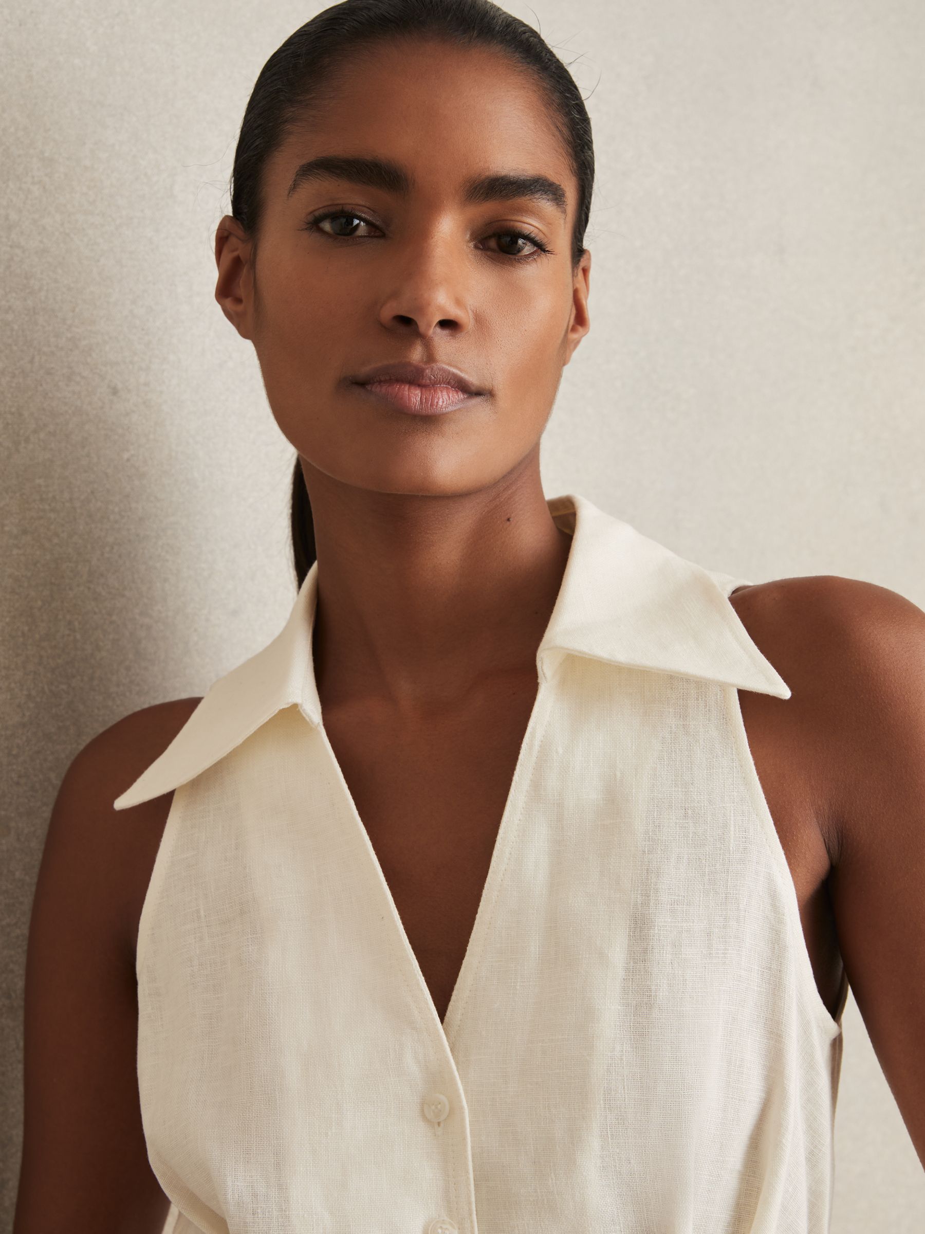 Linen Belted Collar Playsuit in Cream - Image 4 of 6